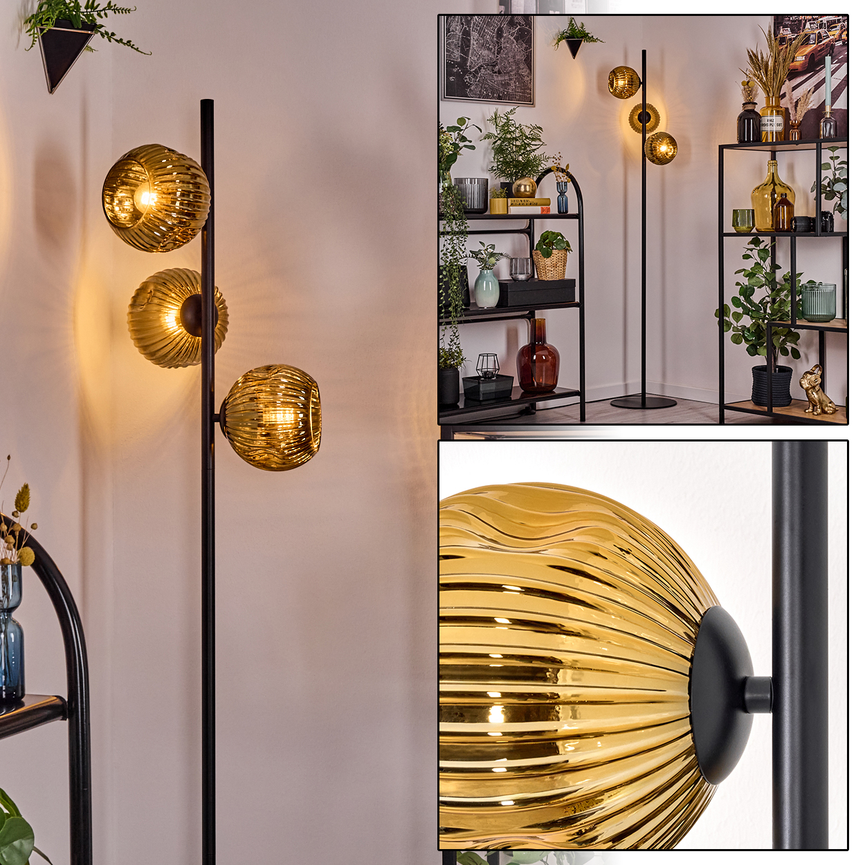 Stehlampe mit drei goldenen Glaskugeln. Im Hintergrund Regale mit Pflanzen und Dekorationsartikeln.