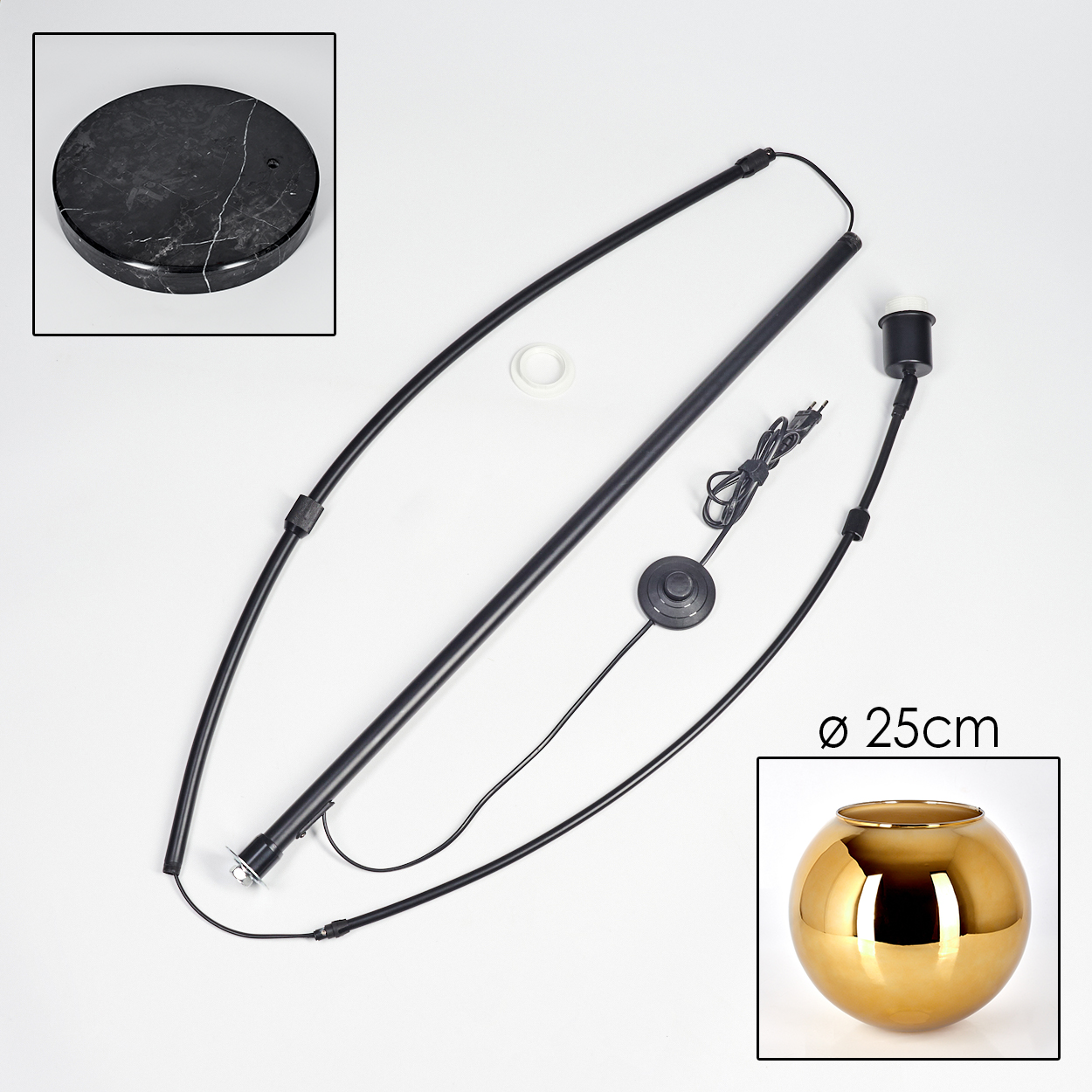 Zerlegte schwarze Stehlampenteile auf weißem Hintergrund: Sockel, gebogener Arm, gerader Pfosten, Glühbirnenhalter, Schalter, goldene Kugel.