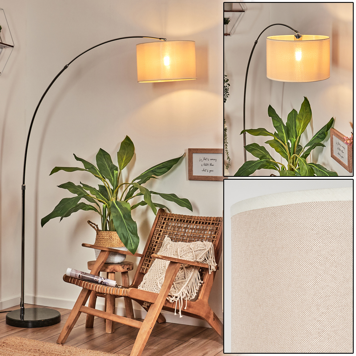 Ein modernes Wohnzimmer mit Lesesessel, Pflanzen, einer Stehlampe und gerahmten Zitaten. Die Lampe ist an.