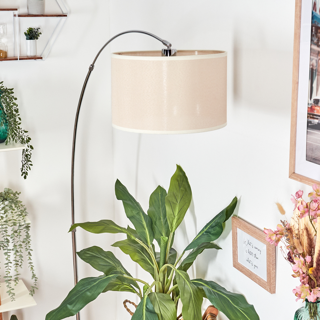 Ein beiger Lampenschirm, eine hohe Pflanze und ein gerahmtes Bild befinden sich in einem Raum. Die Lampe hat einen silbernen Ständer. An der Wand sind Regale.