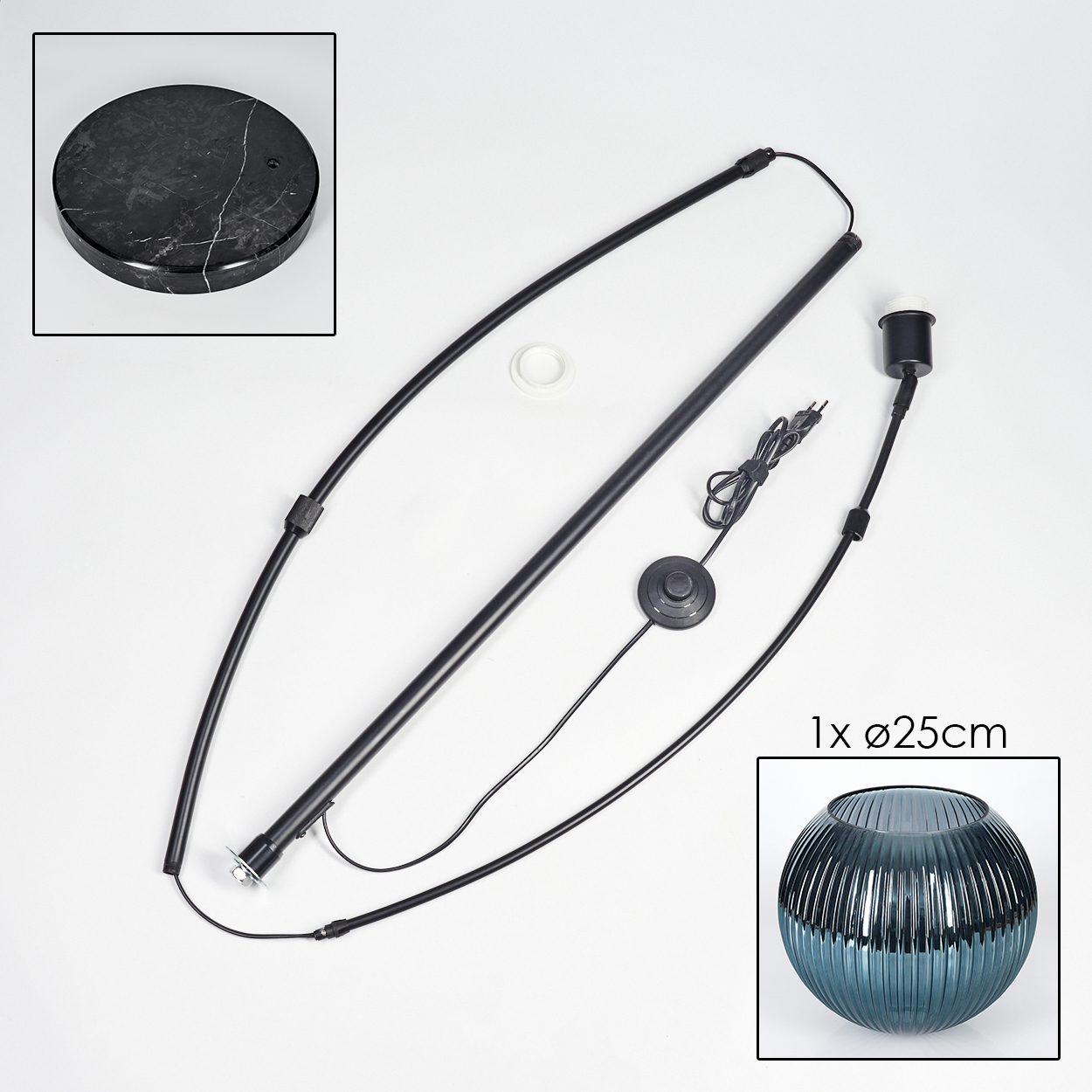 Zerlegte Lampenteile. Enthält einen Marmorsockel, schwarze Stange, Kabel, Fußschalter, Lampenschirm und Lampenfassung.