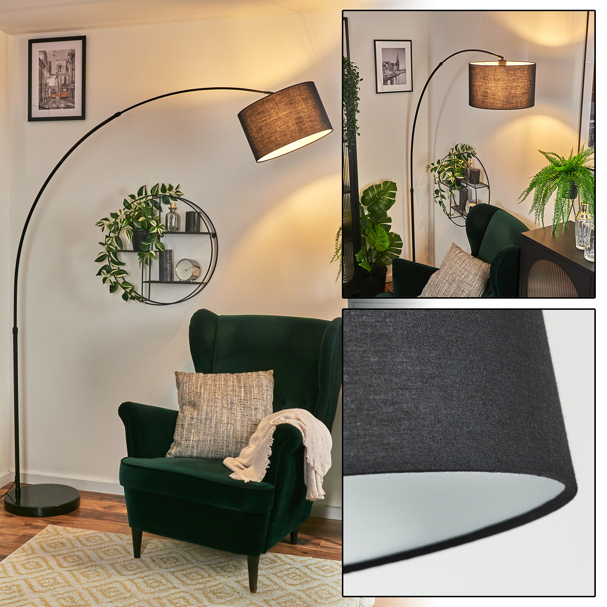 Ein dunkelgrüner Sessel mit Kissen und Decke. Eine schwarze Bogenlampe befindet sich darüber. Pflanzen und Dekorationen sind im Hintergrund.