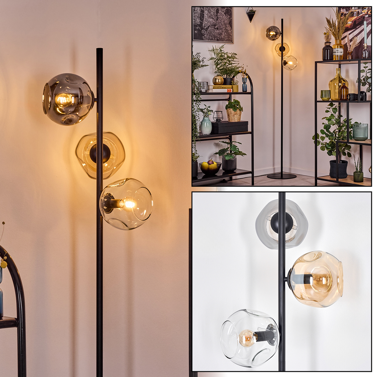 Eine moderne Stehlampe mit drei Glaskugeln. Die Lampe ist schwarz, und die Kugeln haben einen warmen, bernsteinfarbenen Schein. Regale mit Dekoration im Hintergrund.