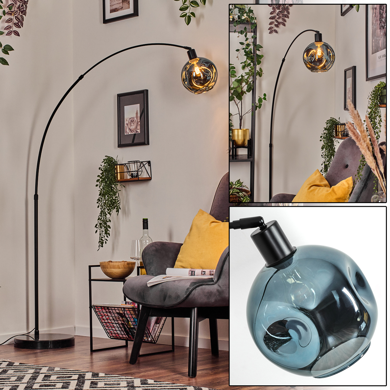 Ein modernes Wohnzimmer mit schwarzer Stehlampe, grauem Sessel mit gelbem Kissen und dekorativen Pflanzen.