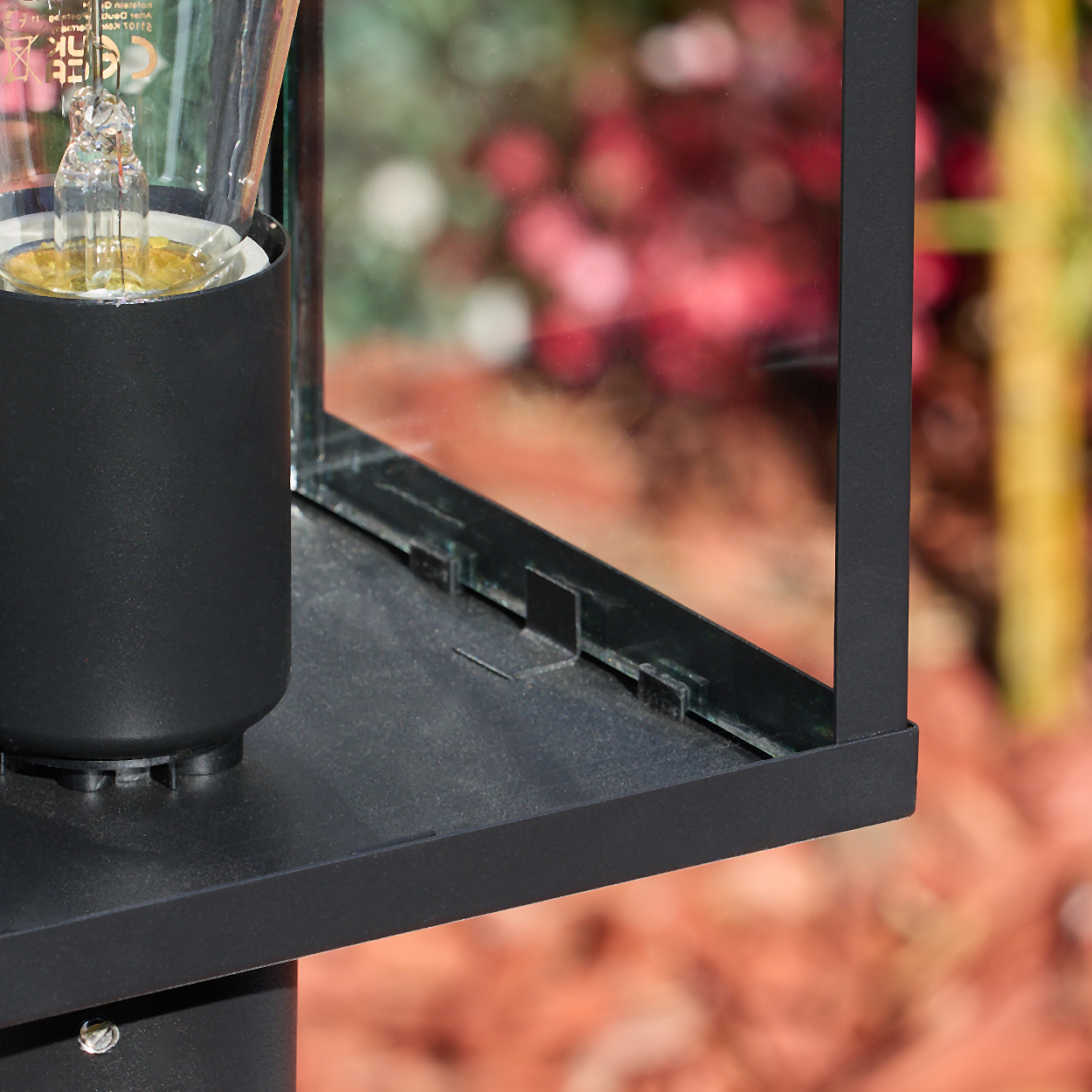 Nahaufnahme einer schwarzen Lampe mit Glühbirne. Der Hintergrund ist verschwommen und zeigt rote und grüne Blätter. Die Lampe steht auf einer Metalloberfläche.