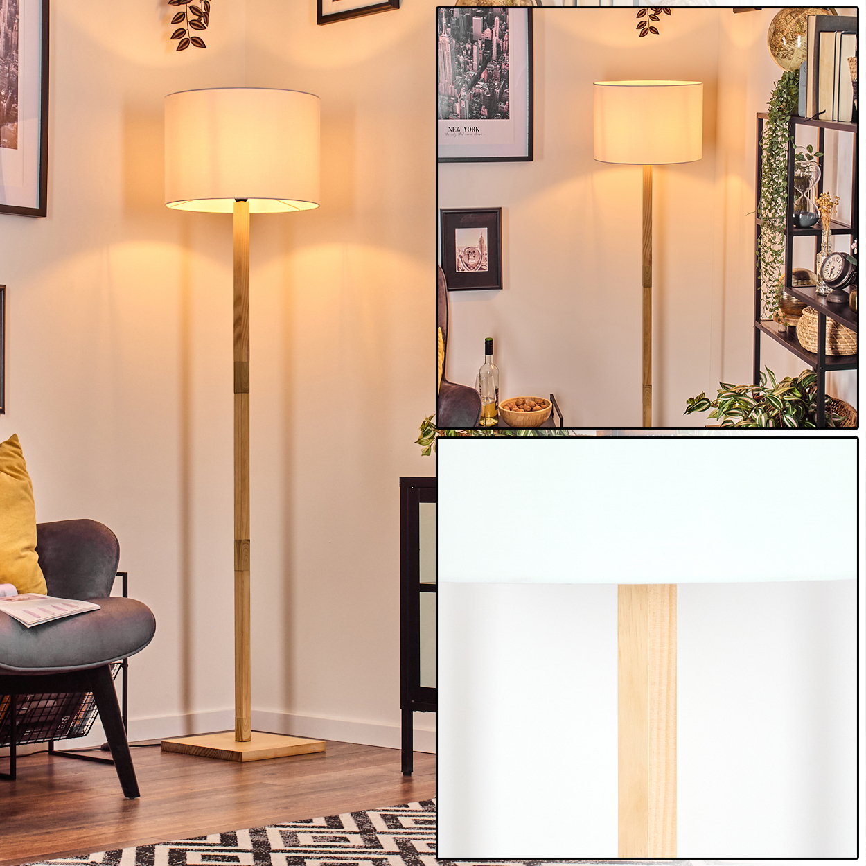 Eine Stehlampe mit beigem Lampenschirm und Holzrahmen steht in einem Raum. Der Raum hat einen Stuhl, Bilder und ein Regal.