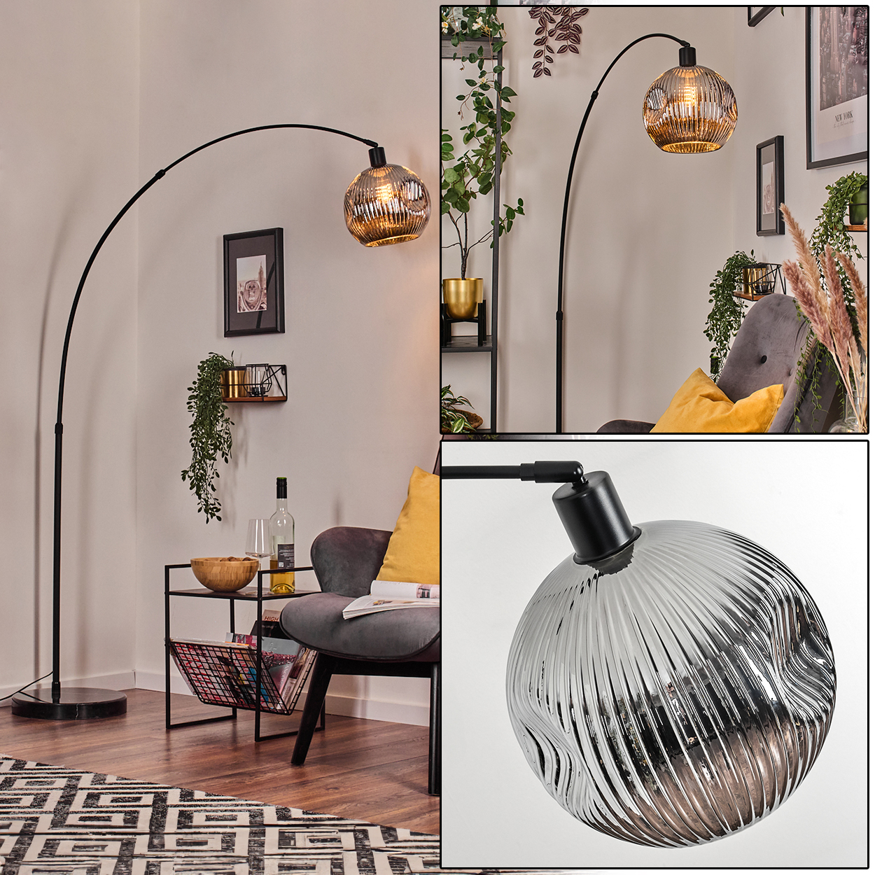 Modernes Wohnzimmer mit schwarzer Bogen-Stehlampe, grauem Sessel, Beistelltisch und dekorativen Pflanzen. Die Lampe hat einen Glasschirm.