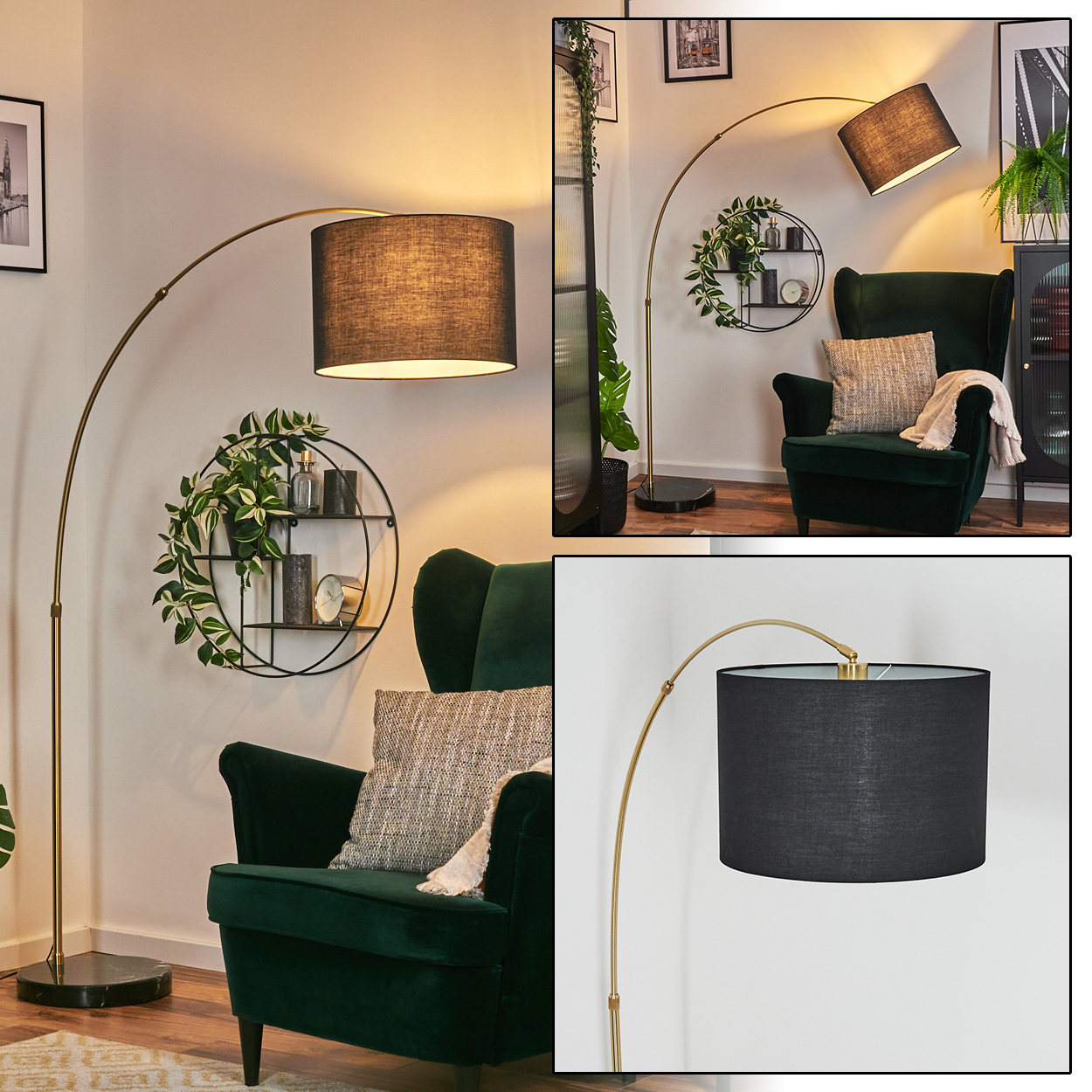 Eine Stehlampe mit schwarzem Schirm und goldenem Rahmen. Sie steht neben einem grünen Sessel mit einem Kissen, Regal mit Pflanzen.