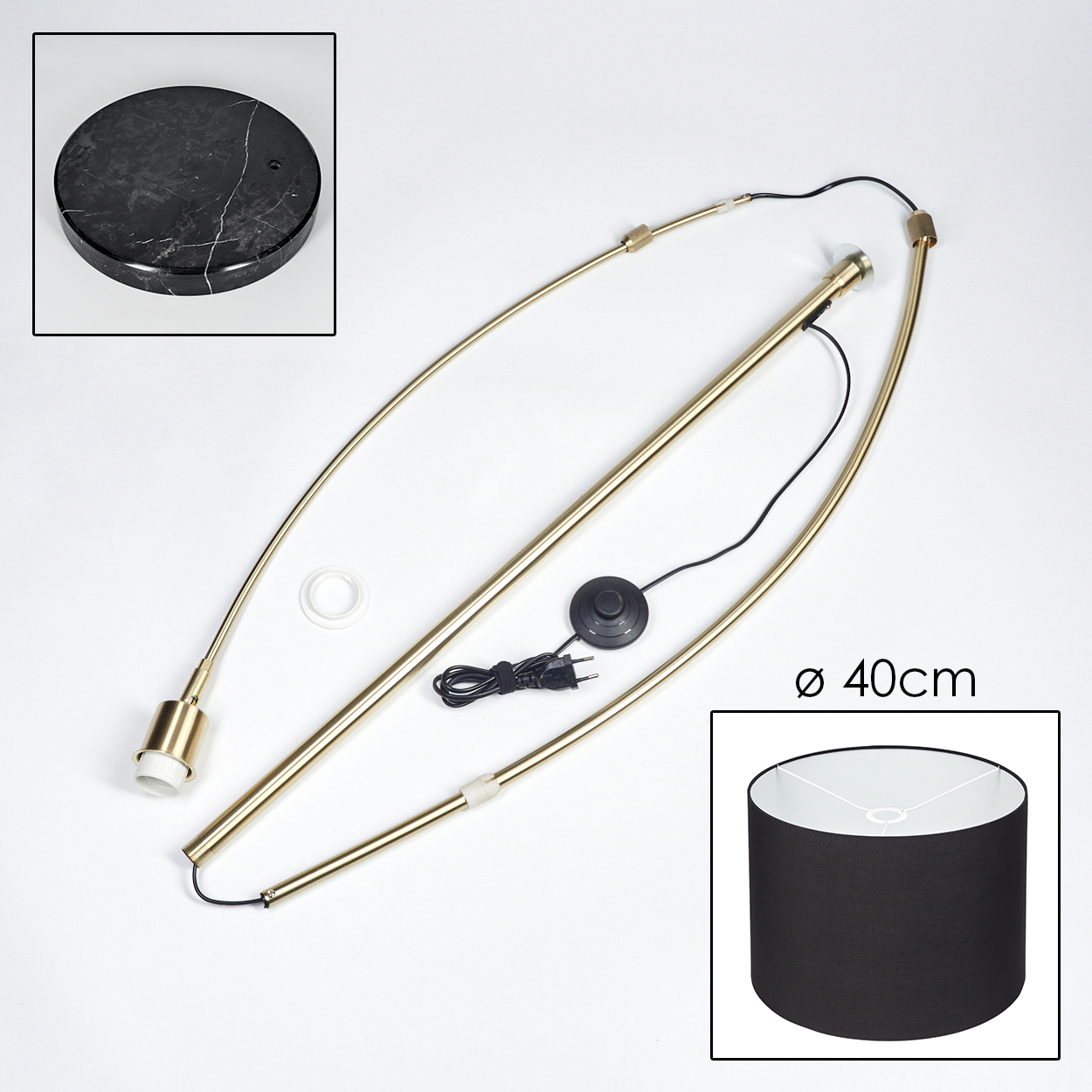 Zerlegte Stehlampe mit Marmorsockel, goldenem Rahmen, schwarzem Lampenschirm und elektrischen Komponenten. Schirmdurchmesser 40cm.
