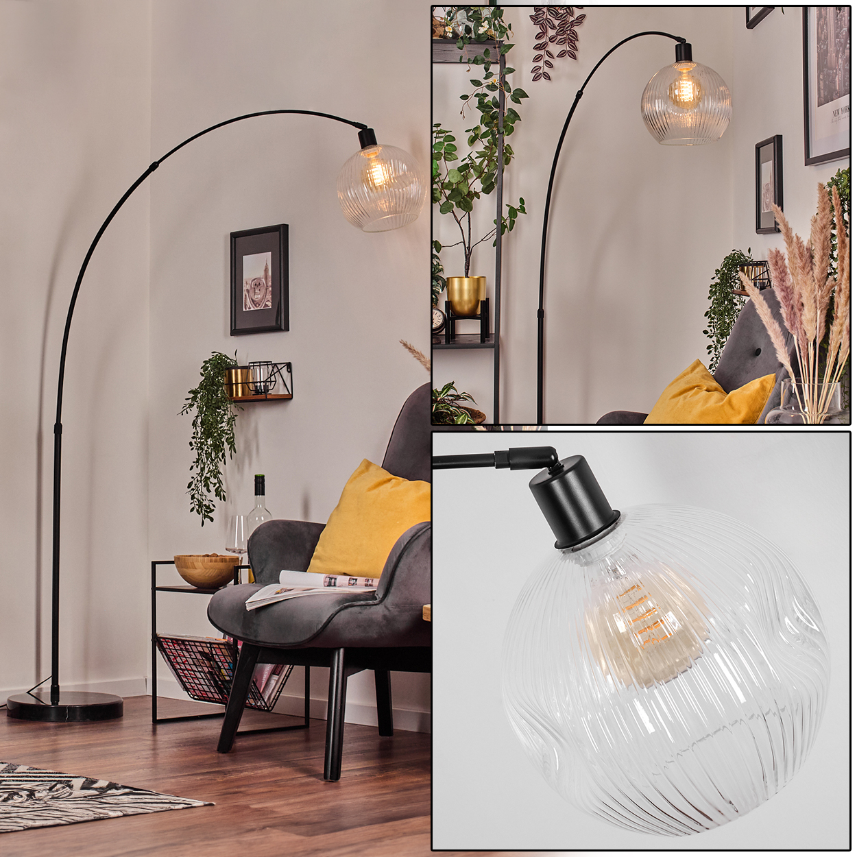 Ein modernes Wohnzimmer mit einer schwarzen Bogenstehlampe, einem grauen Sessel und dekorativen Pflanzen. Auf dem Stuhl liegt ein gelbes Kissen.