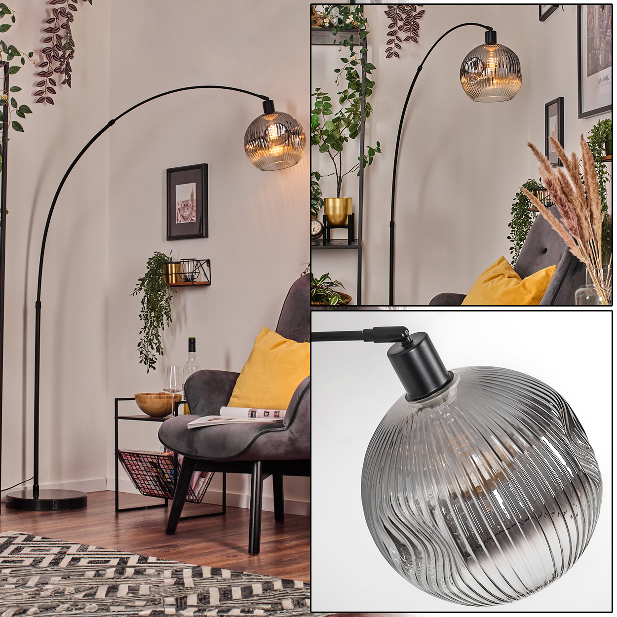Ein modernes Wohnzimmer mit schwarzer Bogen-Stehlampe, grauem Sessel, gelbem Kissen und dekorativen Pflanzen.