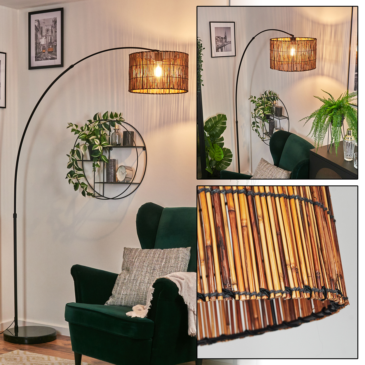 Ein Raum mit einem grünen Sessel, einem Lampenschirm aus Bambus und einer schwarzen Bogenlampe. Ein Regal mit Dekoration und Bildern an der Wand.