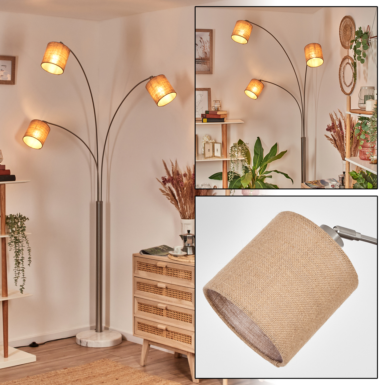 Eine Stehlampe mit fünf Lampenschirmen. Die Lampenschirme sind beige. Die Lampe steht in einem Raum mit einem Beistelltisch, einem Teppich und Pflanzen.