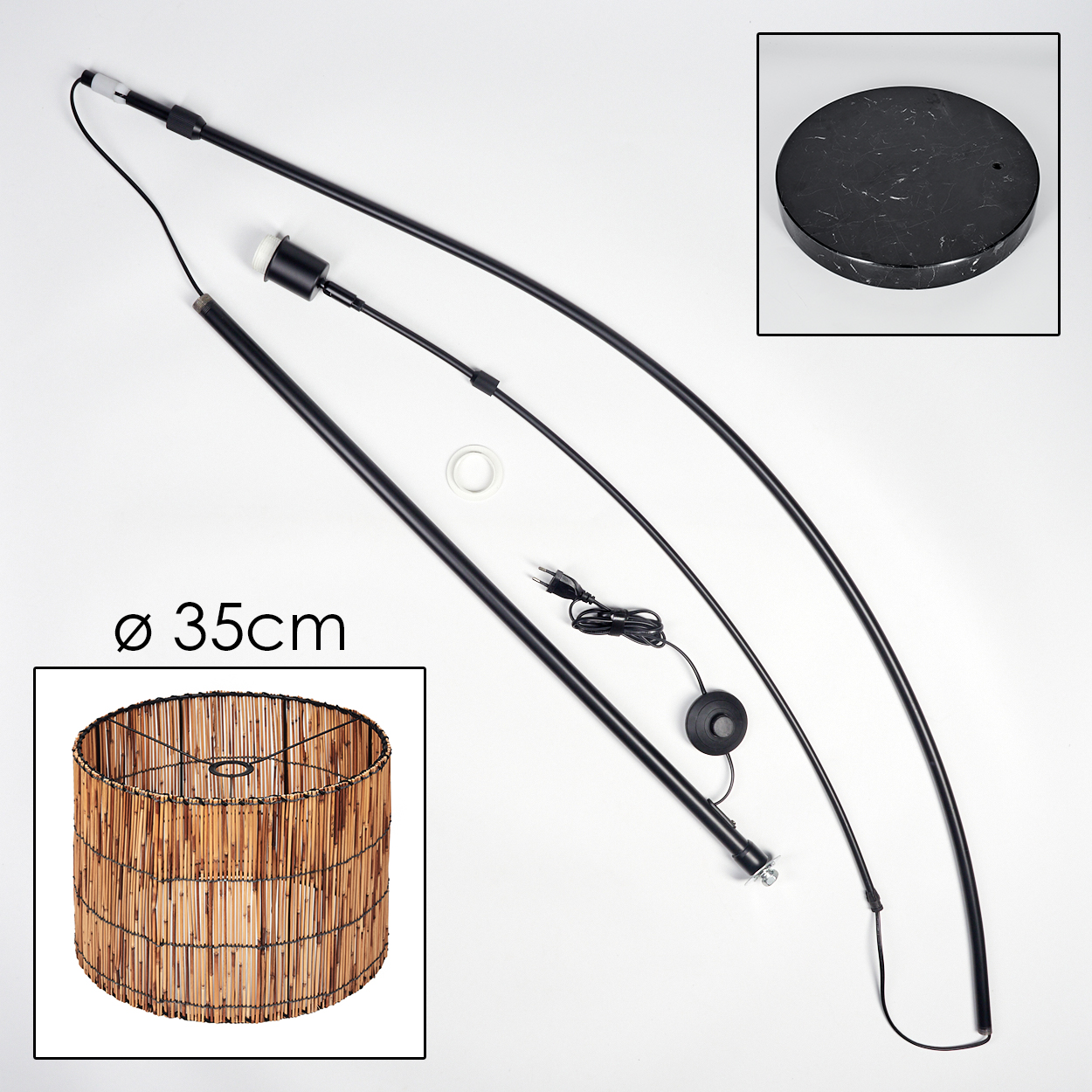 Zerlegte Stehlampe mit schwarzem Rahmen, Lampenschirm und Marmorsockel. Durchmesser 35cm. Komponenten liegen auf weißem Untergrund.