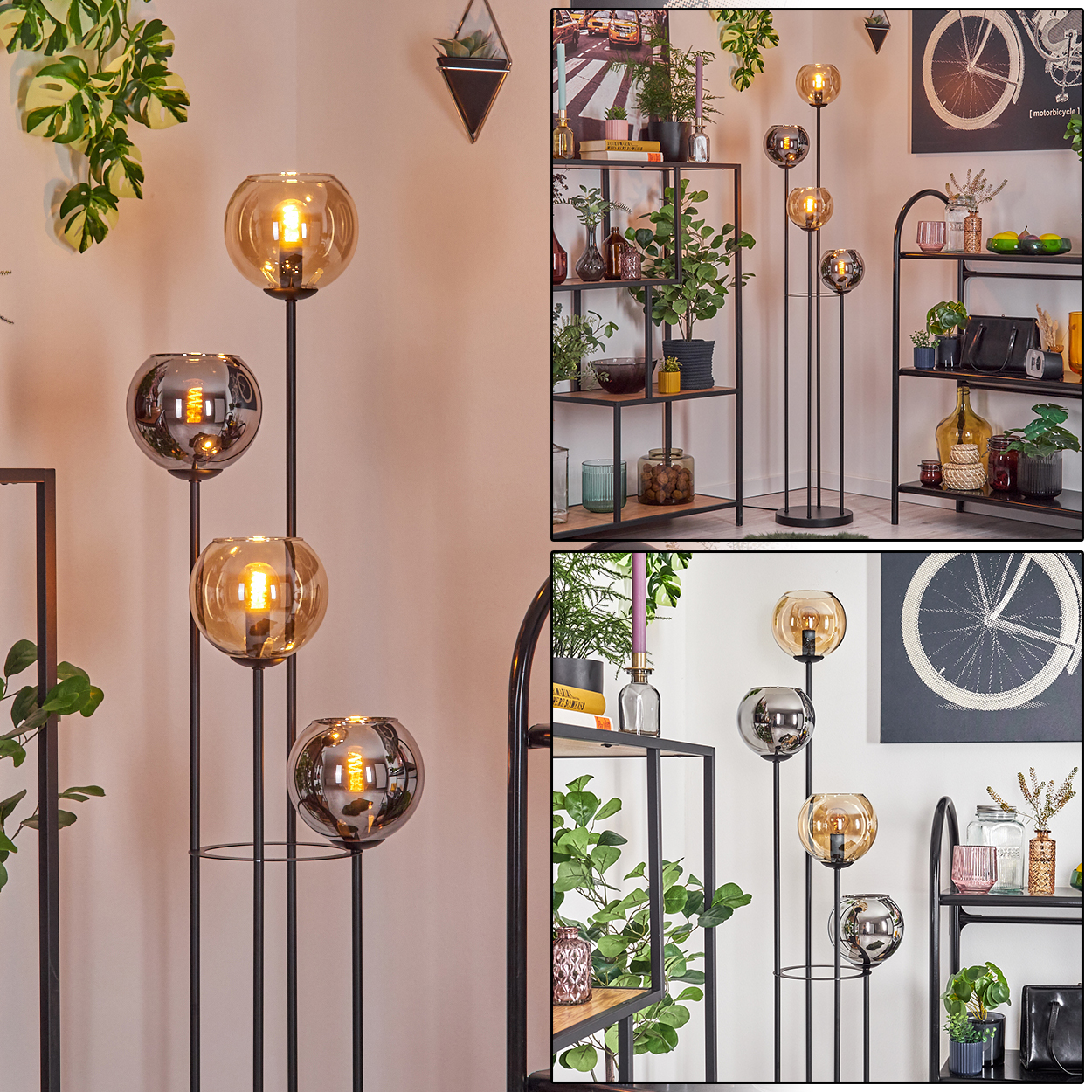 Eine Stehlampe mit vier Glaskugelschirmen steht in der Nähe von Regalen mit Pflanzen und Dekoration. Die Szene ist drinnen.
