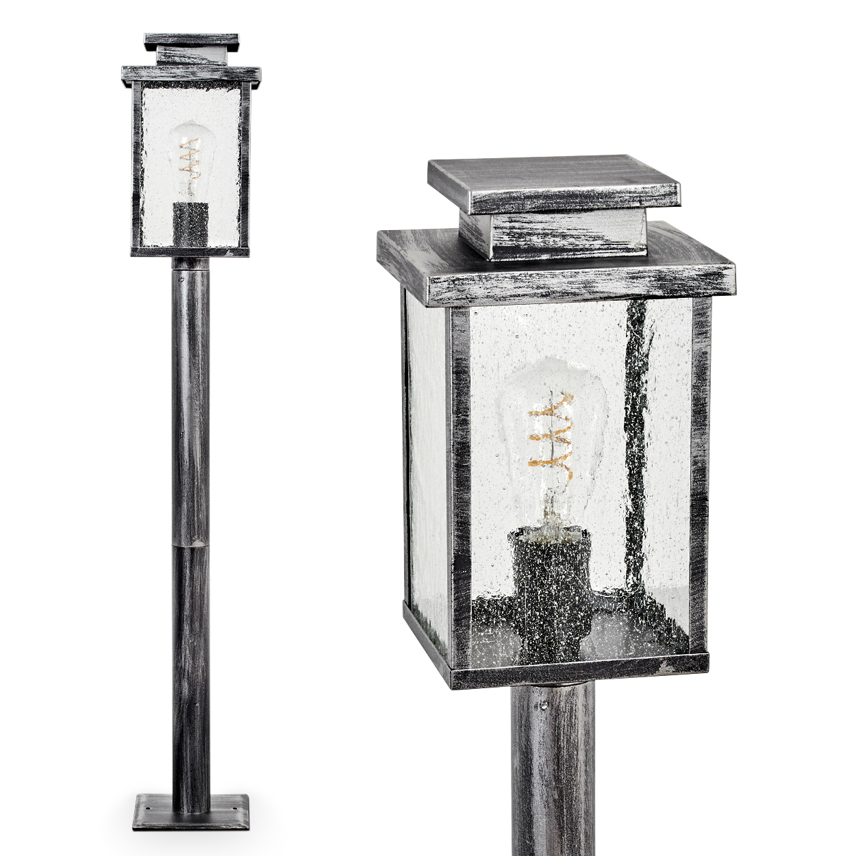 Eine Metall-Außenlaterne mit quadratischer Oberseite und Glasscheiben. Im Inneren ist eine Glühbirne sichtbar. Der Pfosten ist silberfarben.