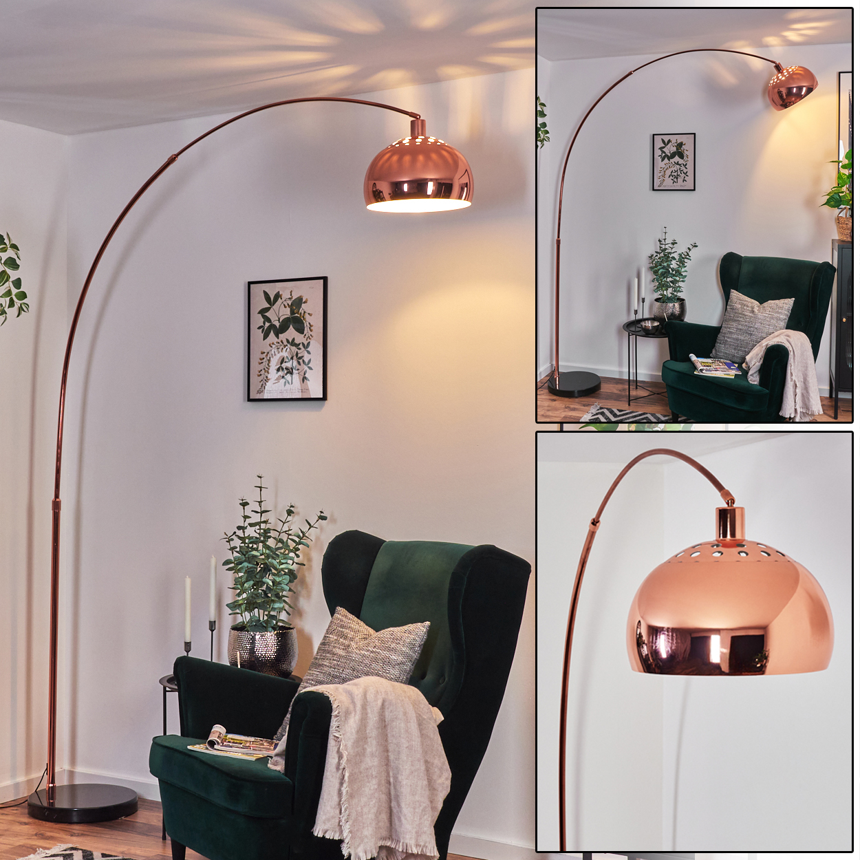 Eine kupferfarbene Bogenstehlampe beleuchtet einen grünen Sessel und die Einrichtung. Eine Pflanze, Kerzen und ein Bilderrahmen sind zu sehen.