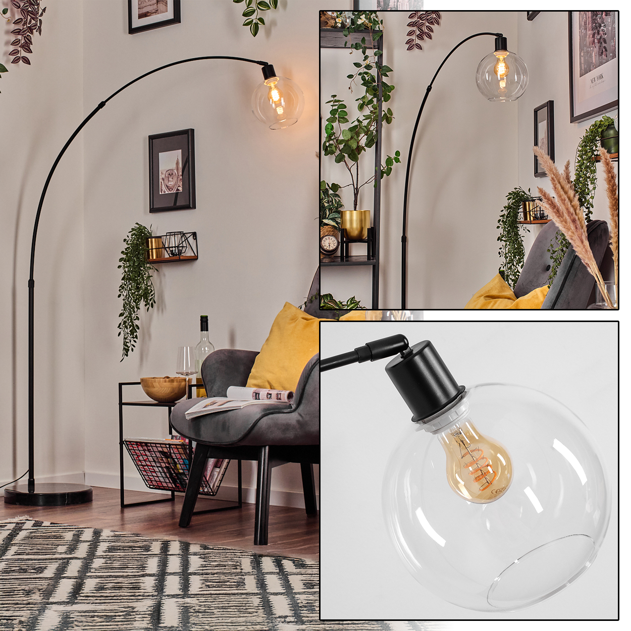 Ein modernes Wohnzimmer mit einer schwarzen Bogenlampe. Eine Glühbirne beleuchtet den Raum. Ein grauer Stuhl und ein gelbes Kissen sind im Hintergrund.