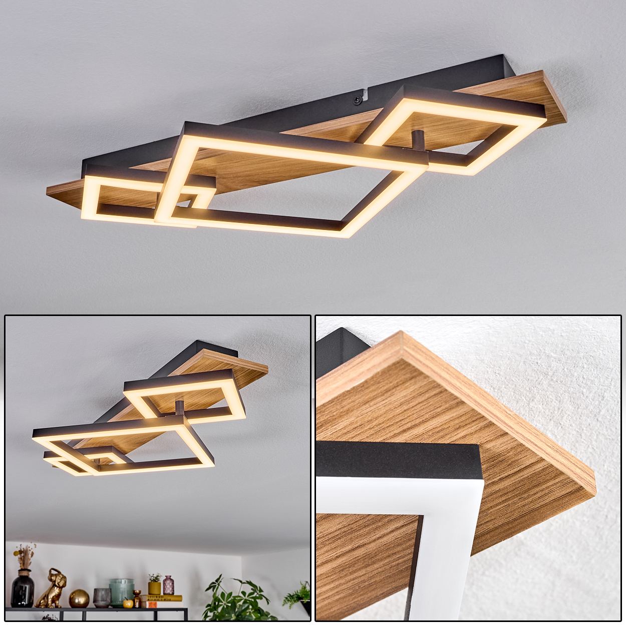 Deckenleuchte mit Holz- und schwarzem Rahmen, geometrische Formen mit warmweißem Licht. Hintergrund ist eine weiße Decke.