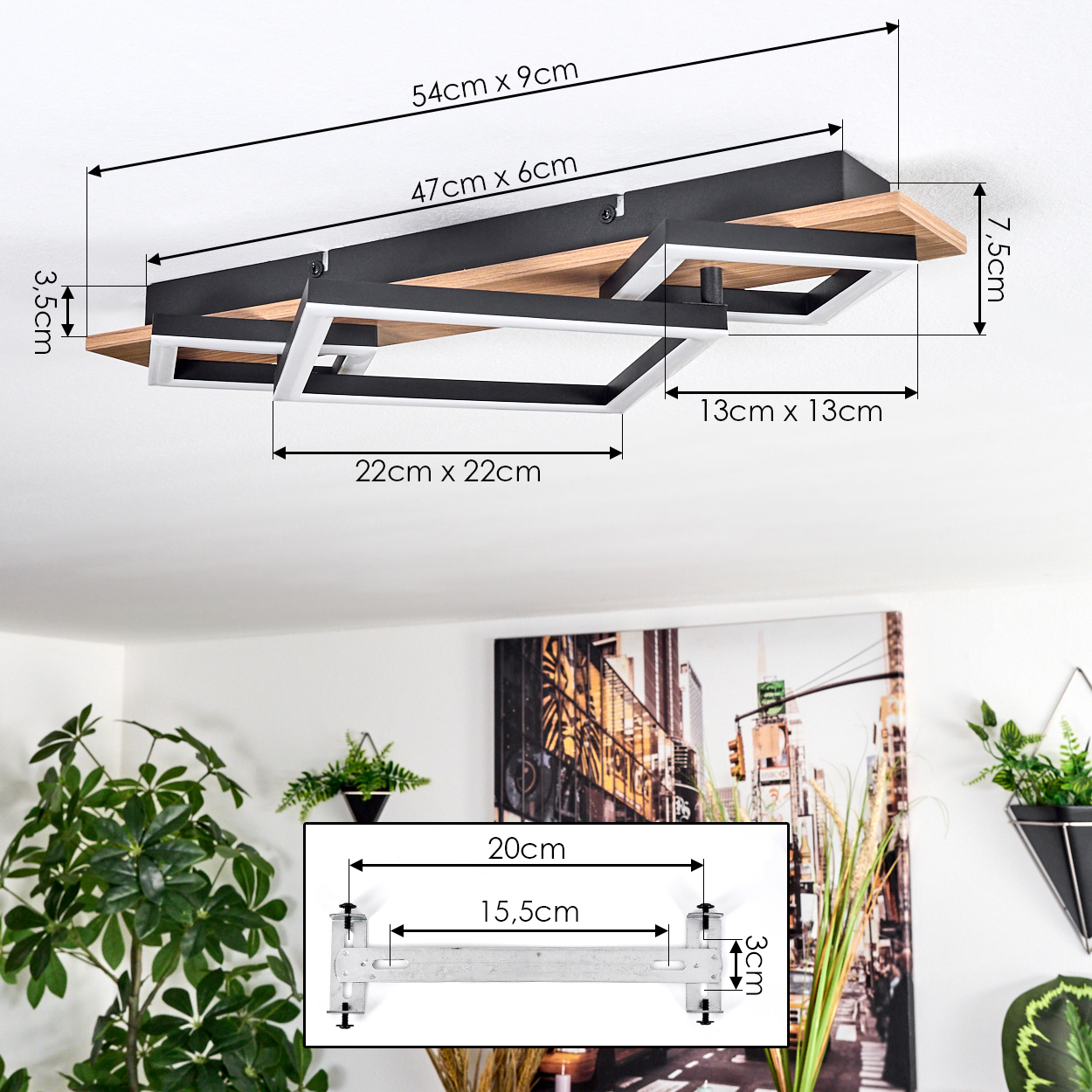 Deckenlampe mit Maßen, Pflanze, Stadtbild und Halterung. Die Lampe hat schwarze und Holzelemente.