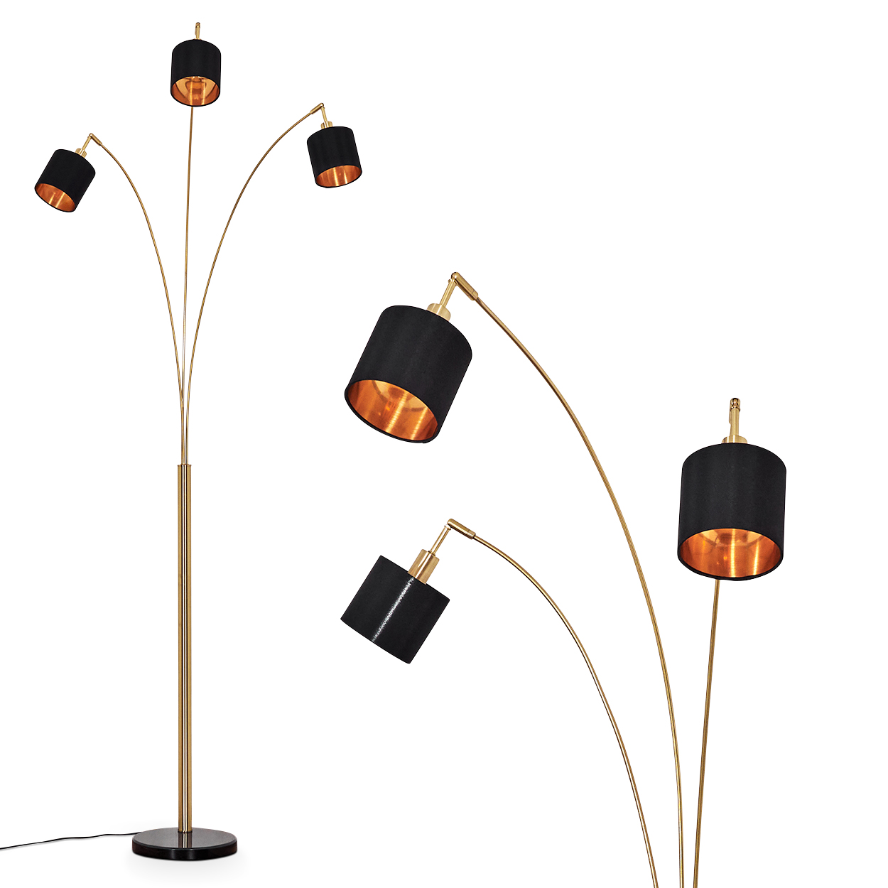 Eine moderne Stehlampe mit fünf schwarzen Schirmen, goldfarbenem Innenraum und einem goldenen Metallrahmen. Der Sockel ist schwarz.