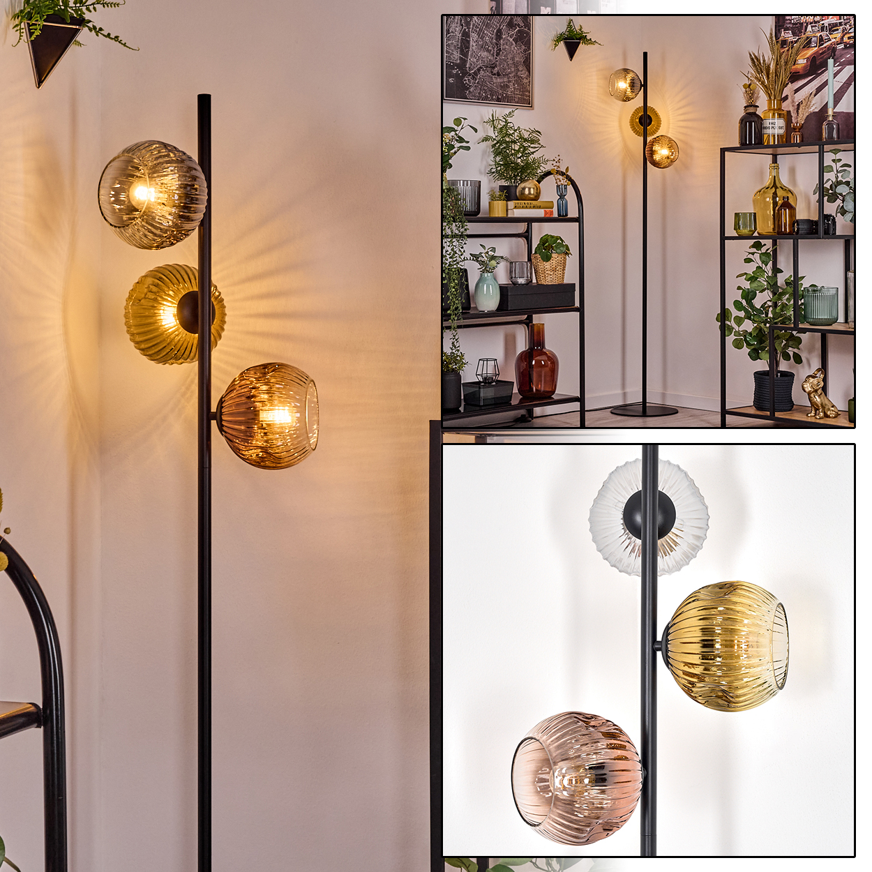 Eine moderne Stehlampe mit drei Glaskugelschirmen, schwarzem Ständer, vor einer weißen Wand. Regale mit Dekoration sind sichtbar.