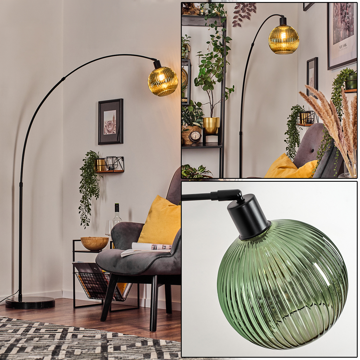 Ein modernes Wohnzimmer mit einer schwarzen Stehlampe mit Kugelschirm, einem grauen Sessel und Zierpflanzen.