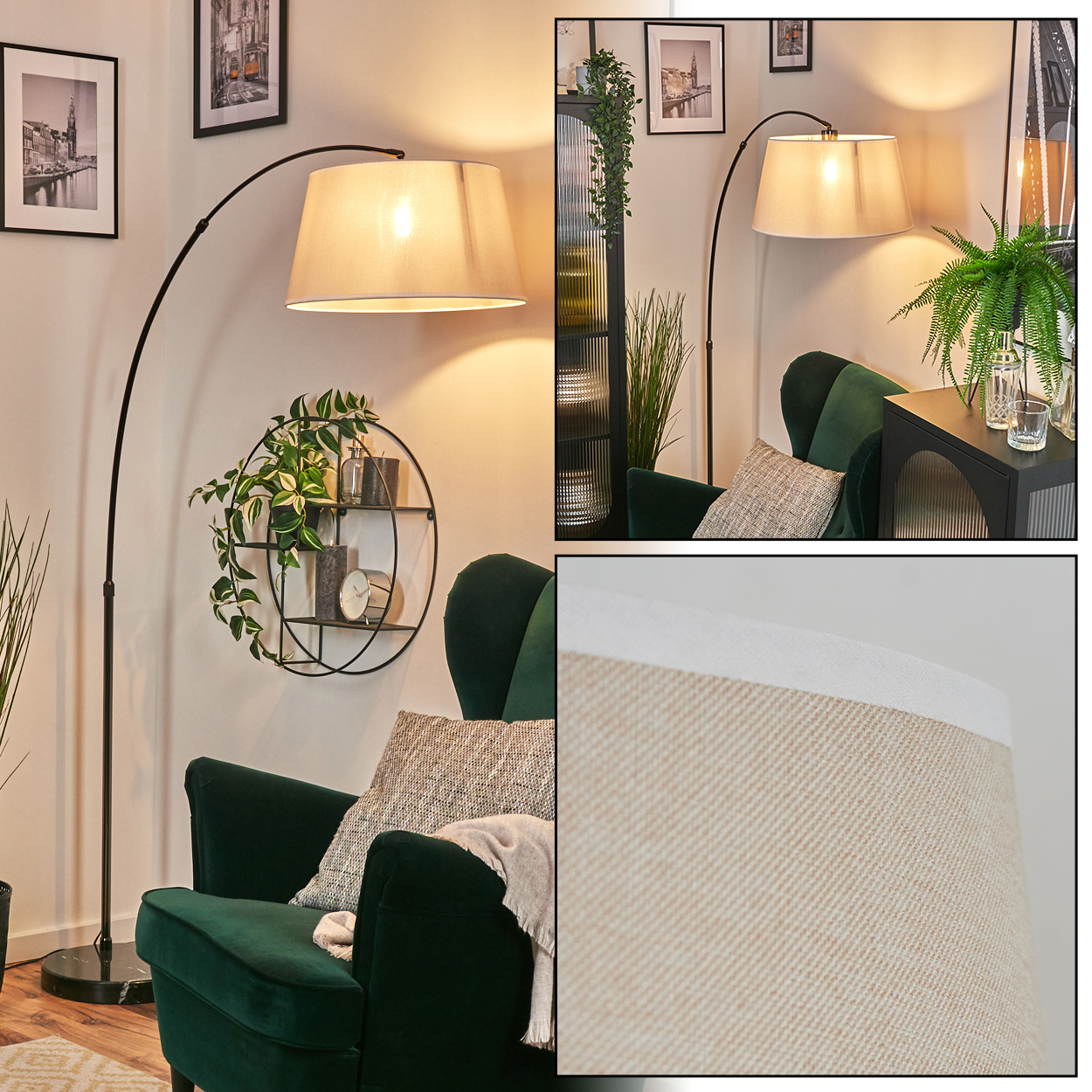 Ein Raum mit einem Sessel, einer Stehlampe und Wandkunst. Ein rundes Regal mit Dekoration befindet sich über dem Stuhl. Die Lampe hat einen beigen Schirm.