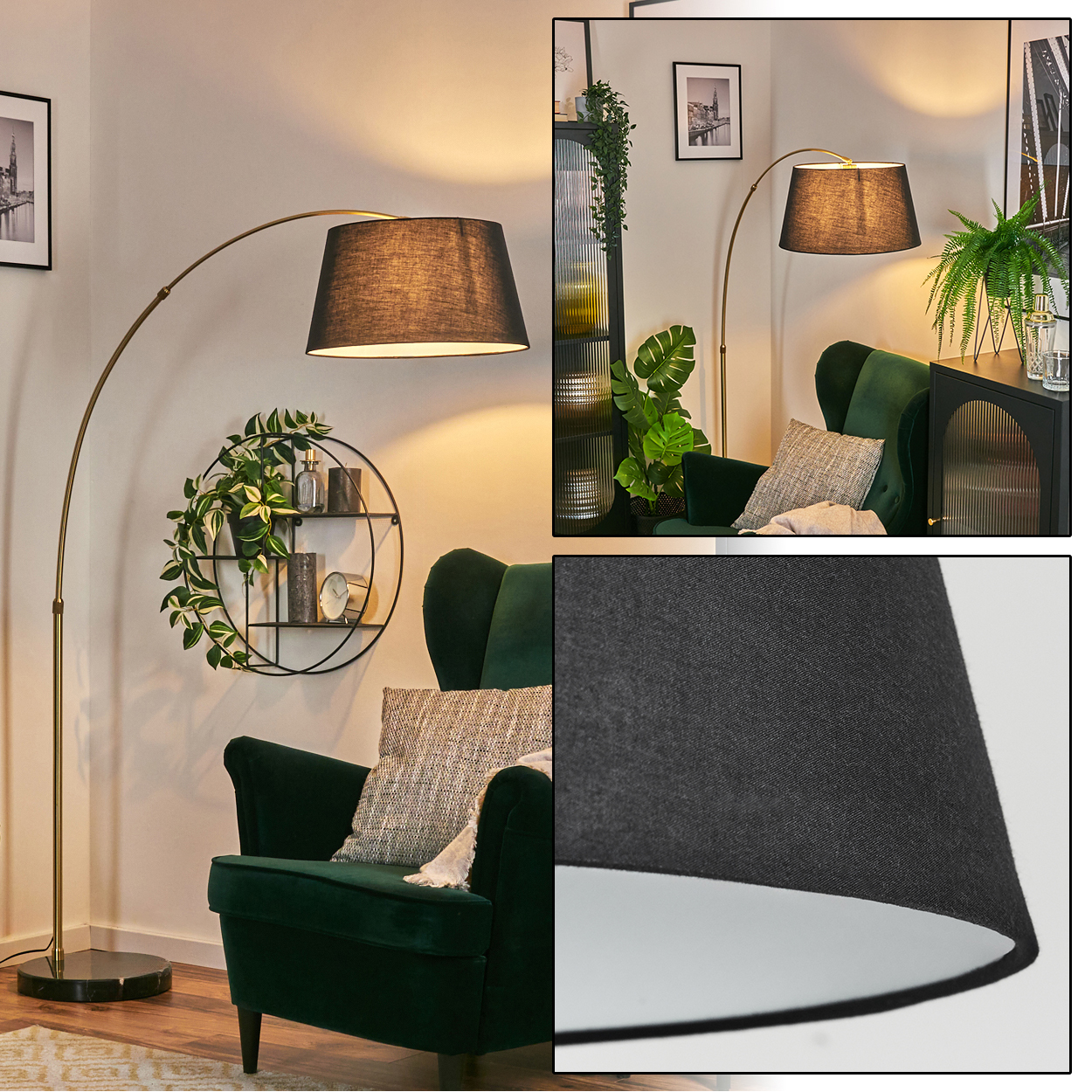 Ein modernes Wohnzimmer mit schwarzem Lampenschirm, grünem Sessel und dekorativem Wandregal mit Pflanzen und Dekoration.