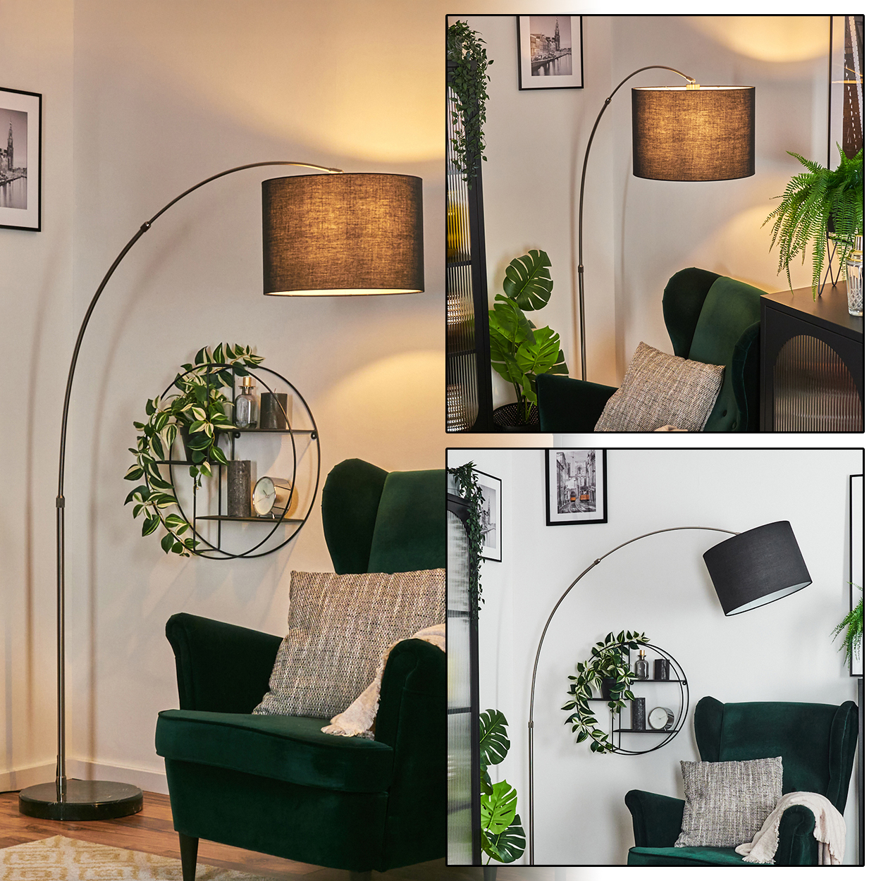 Ein modernes Wohnzimmer mit schwarzer Lampe, grünem Sessel und rundem Regal mit Pflanzen. Der Hintergrund hat gerahmte Bilder.