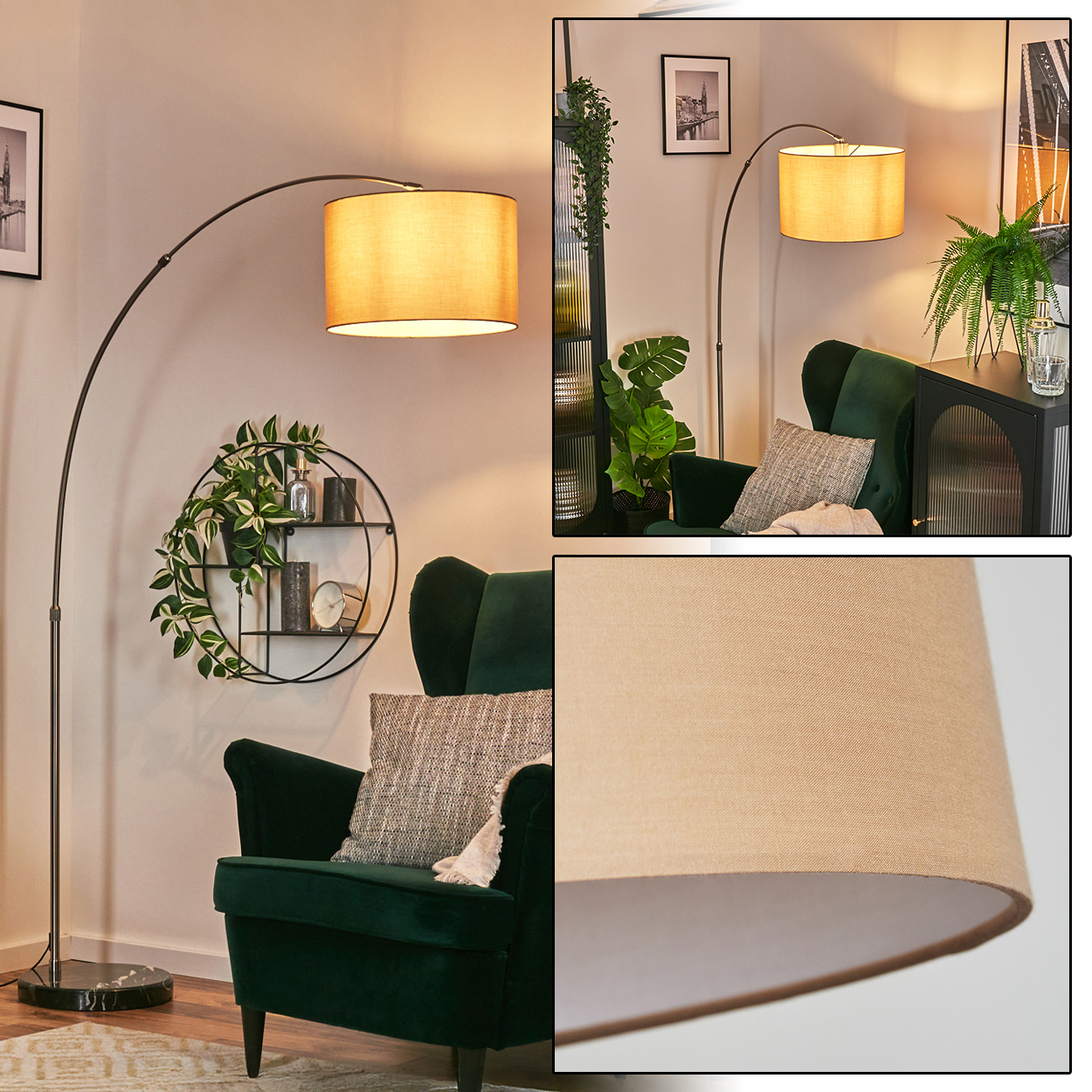 Ein modernes Wohnzimmer mit grünem Sessel, Stehlampe mit beigem Schirm und Dekorationsgegenständen. Pflanzen und Kissen sind sichtbar.