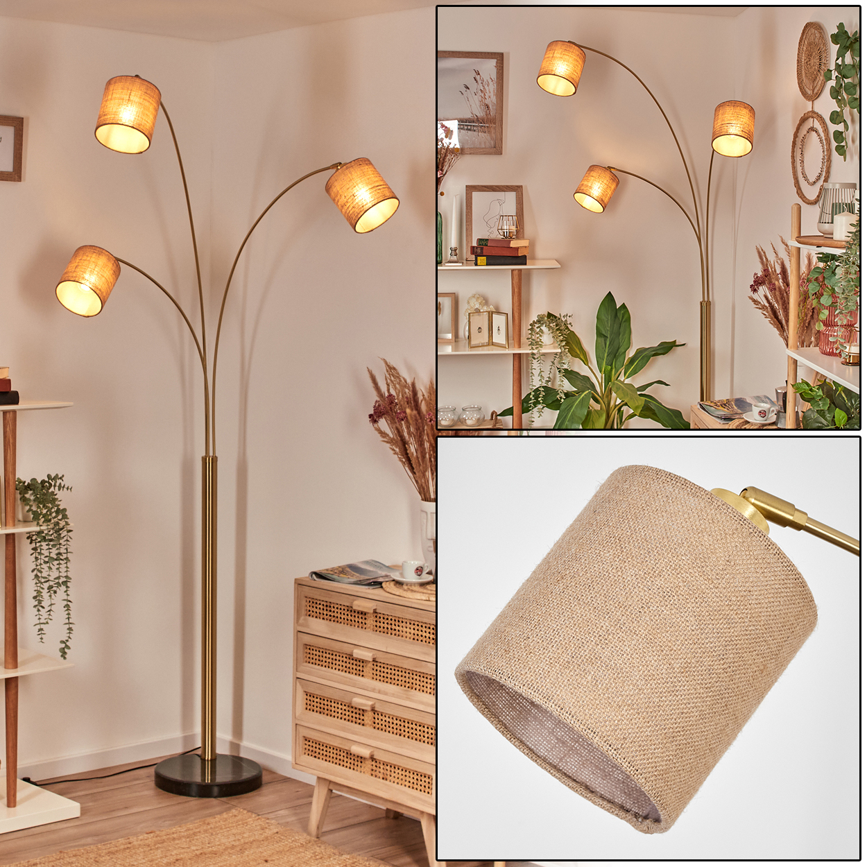 Eine Stehlampe mit vier Lampenschirmen. Die Schirme sind beige. Das Gestell ist golden, und der Hintergrund ist ein Raum mit Möbeln und Pflanzen.