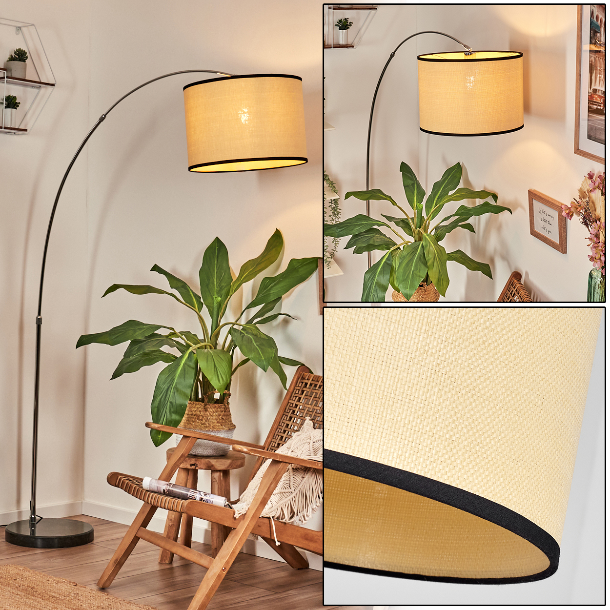 Ein modernes Wohnzimmer mit Stehlampe, Pflanzen, Holzstuhl und kleinem Tisch. Die Lampe hat einen beigen Schirm.