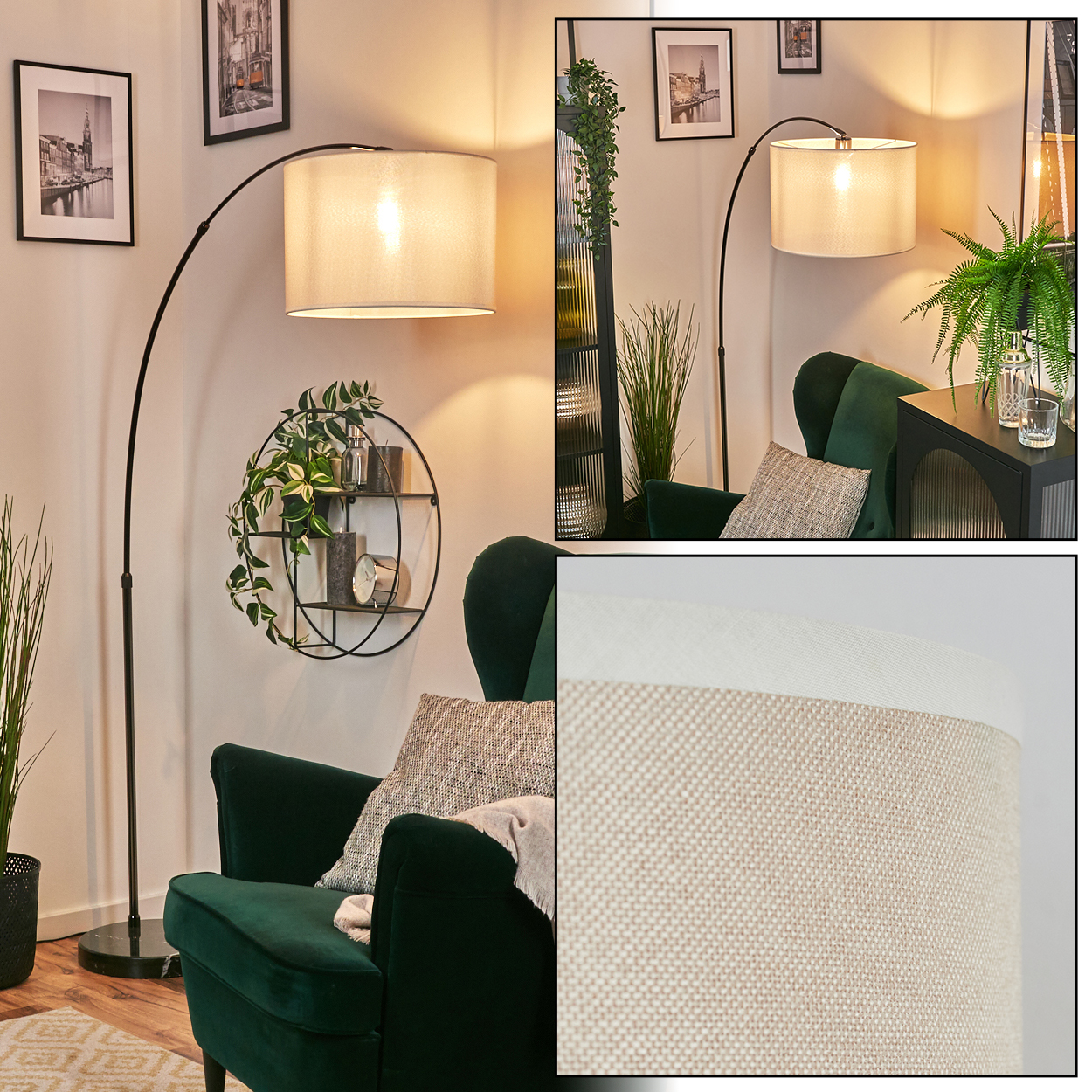 Ein Raum mit einem grünen Sessel, einer schwarzen Stehlampe mit beigem Lampenschirm. Bilder an der Wand und Pflanzen.