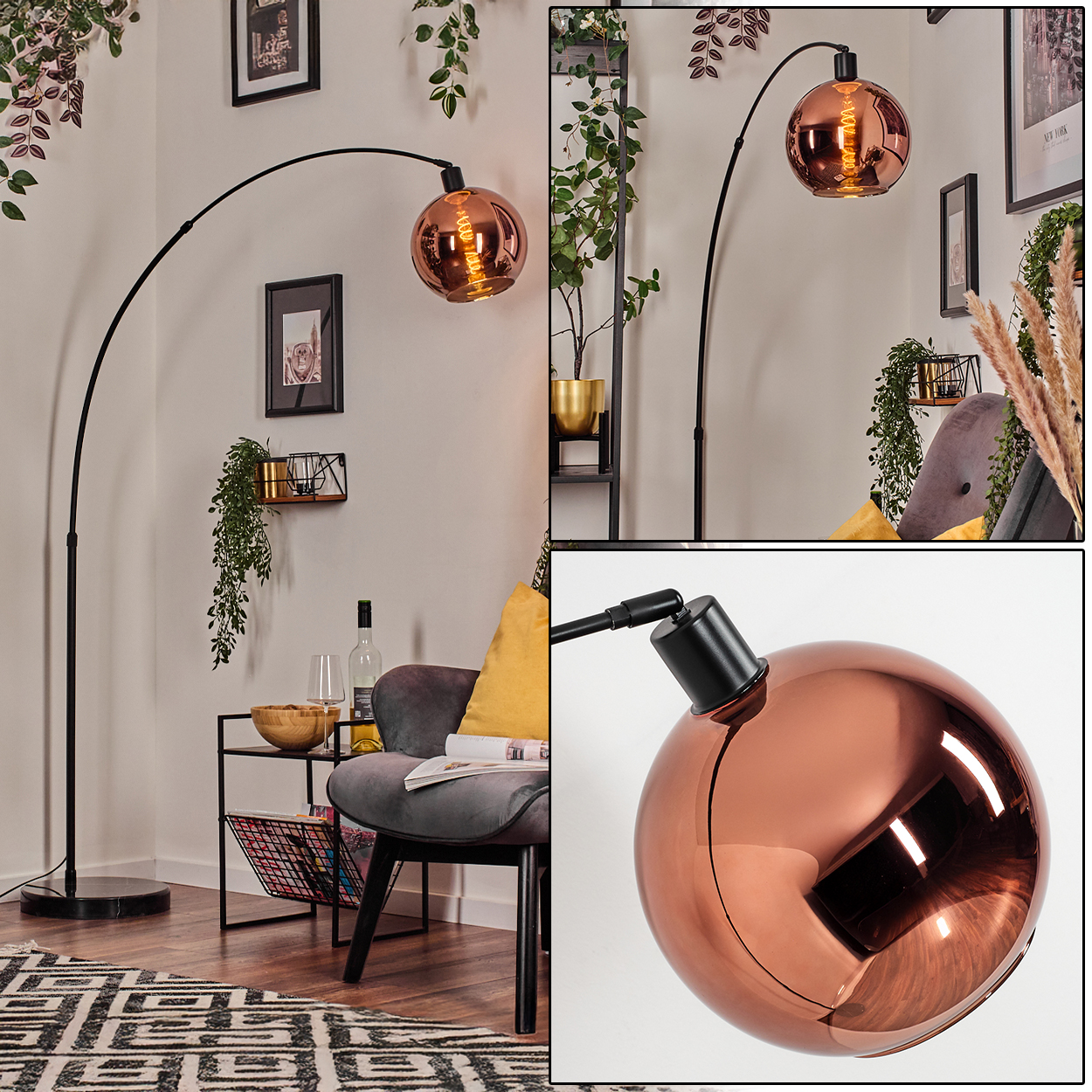 Ein modernes Wohnzimmer mit Kupferlampe, Stuhl und Beistelltisch. Pflanzen und Bilder schmücken die Wände. Auf dem Boden liegt ein Teppich.