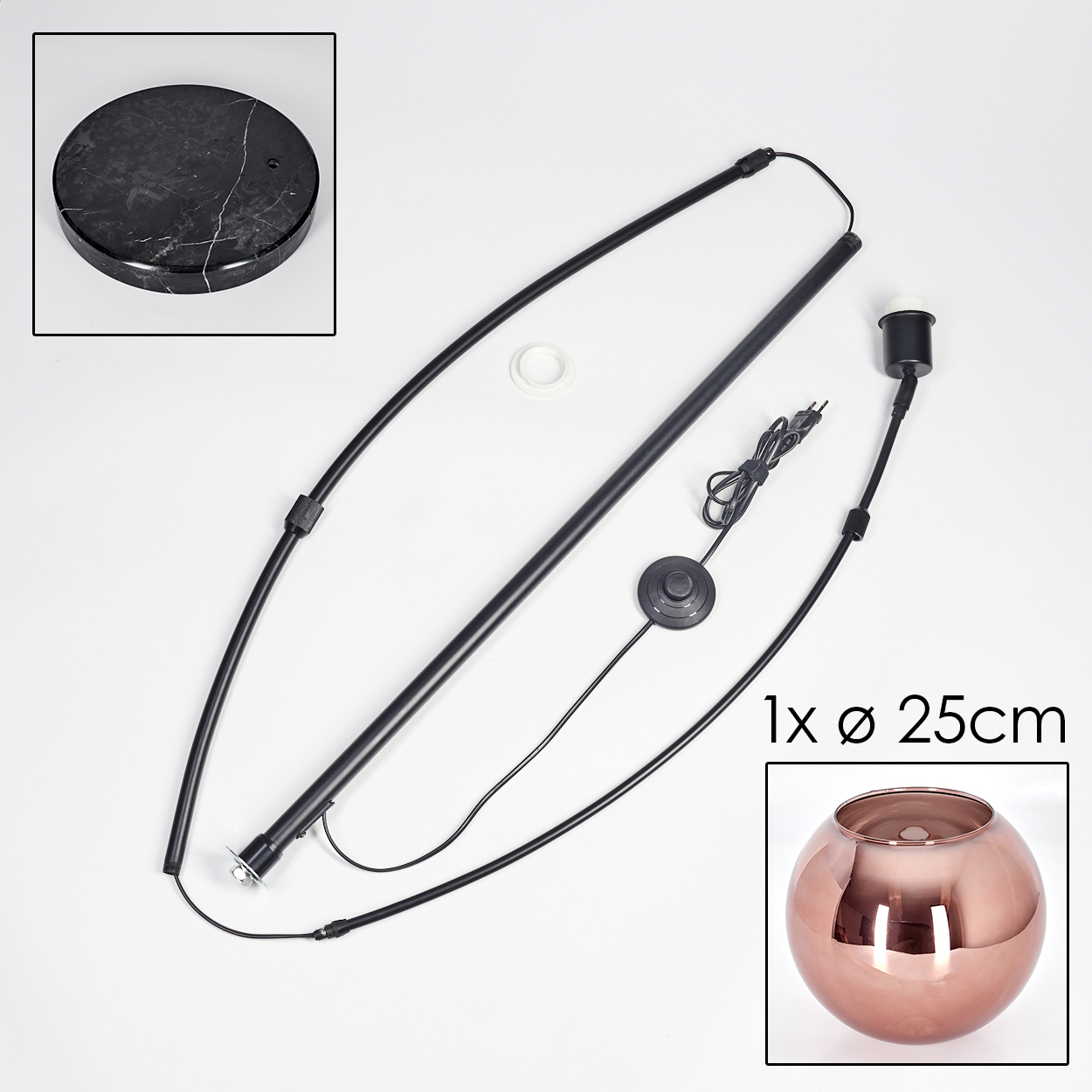 Zerlegte Stehlampe mit Marmorsockel, schwarzem Mast und kupferfarbener Glaskugel. Teile umfassen Drähte, Fußschalter und eine Fassung.