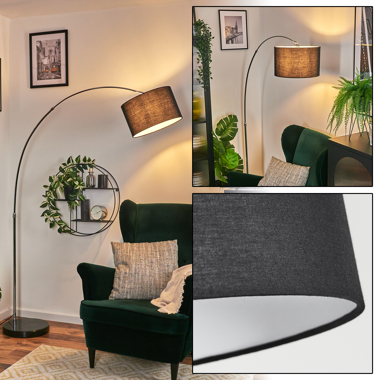 Ein dunkelgrüner Sessel mit einem gemusterten Kissen, eine schwarze Bogenlampe mit dunklem Schirm und ein rundes Regal mit Pflanzen.