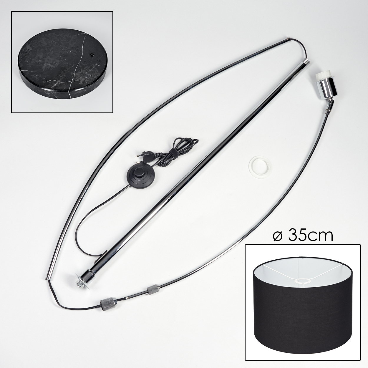 Zerlegte Stehlampe mit schwarzem Lampenschirm, Marmorsockel und Metallrahmen. Netzkabel und Schalter sind sichtbar.