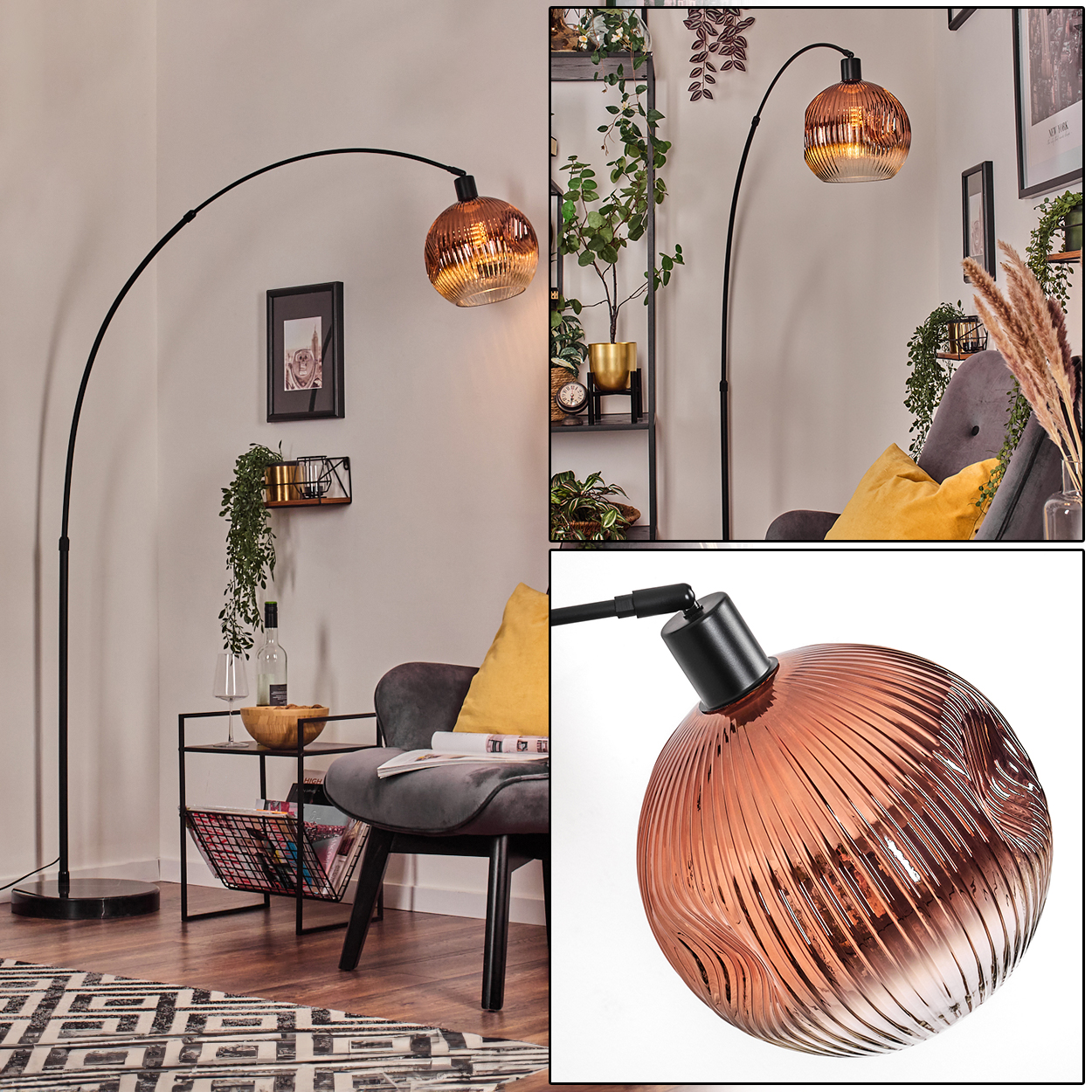 Ein modernes Wohnzimmer mit einer schwarzen Bogenlampe, einem grauen Stuhl mit gelbem Kissen und dekorativen Pflanzen.