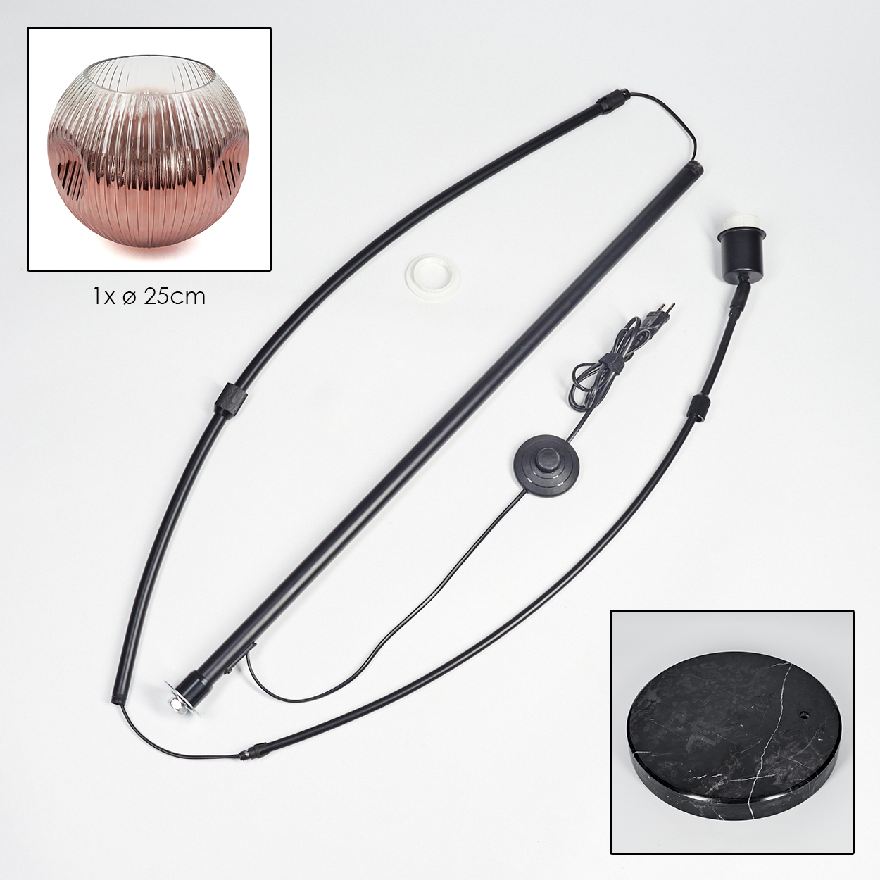 Eine zerlegte Lampe mit Glasschirm, schwarzem Mast, Sockel und elektrischen Komponenten, einschließlich Fußschalter und Netzkabel.