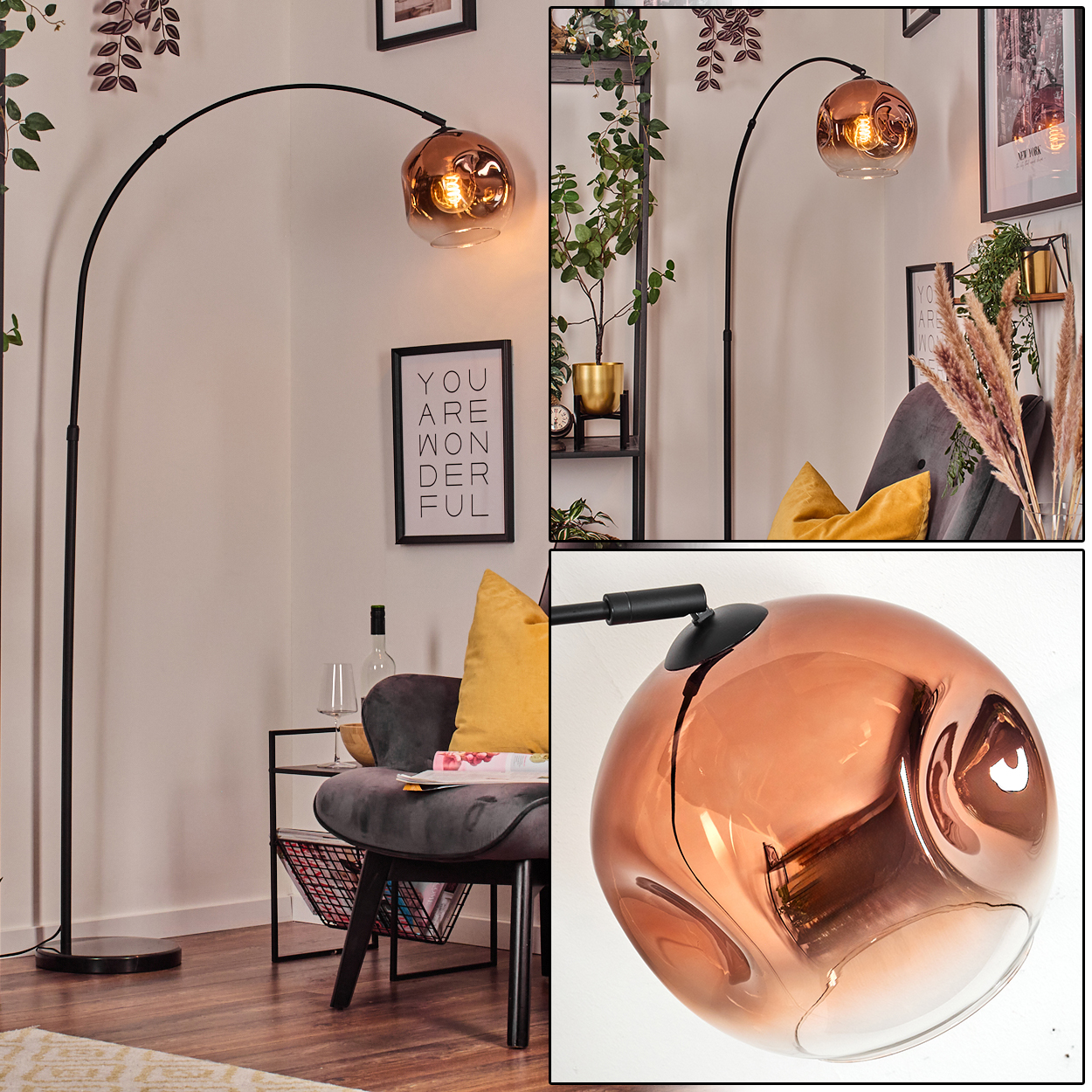 Ein modernes Wohnzimmer mit einer schwarzen Bogenlampe mit kupferfarbenem Schirm, Stuhl und Dekor.
