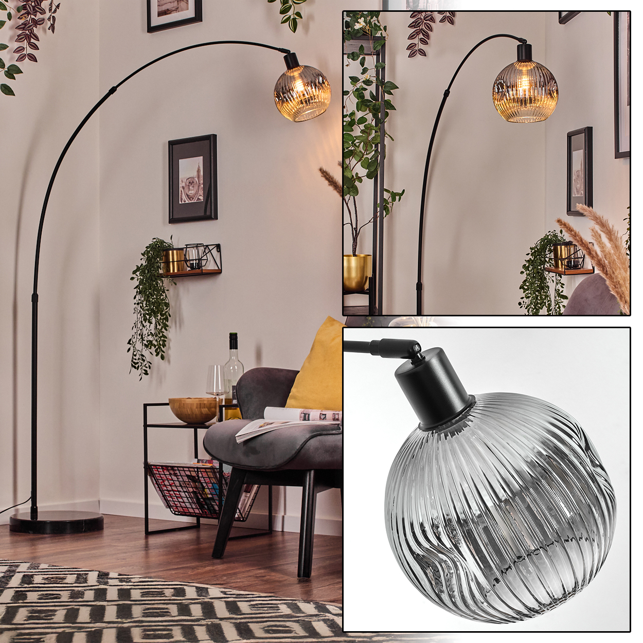 Ein modernes Wohnzimmer mit einer schwarzen Bogenlampe, einem grauen Stuhl und dekorativen Pflanzen. Auf dem Boden liegt ein gemusterter Teppich.