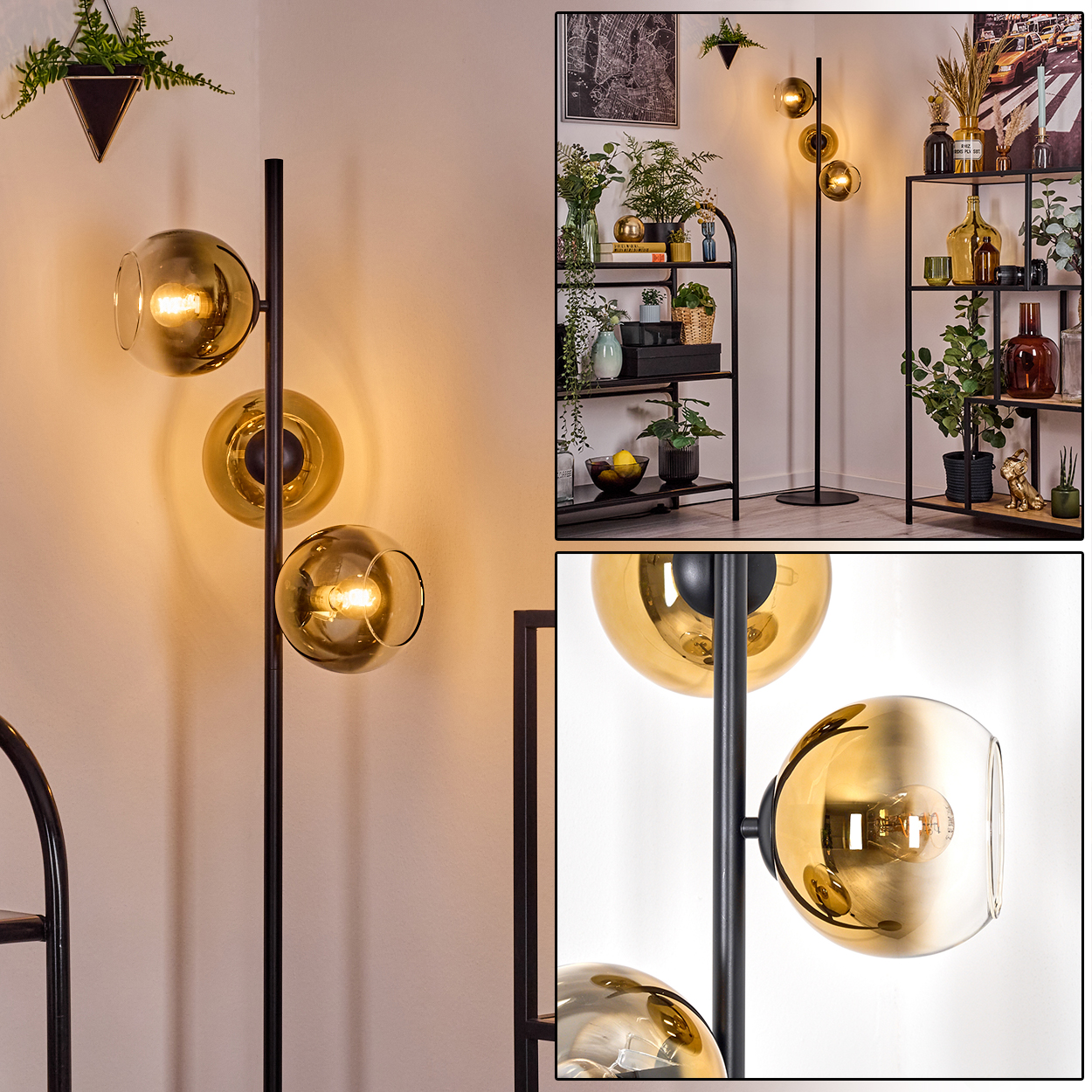 Eine moderne Stehlampe mit drei bernsteinfarbenen Glaskugeln. Im Hintergrund Regale mit Pflanzen und Dekoration.