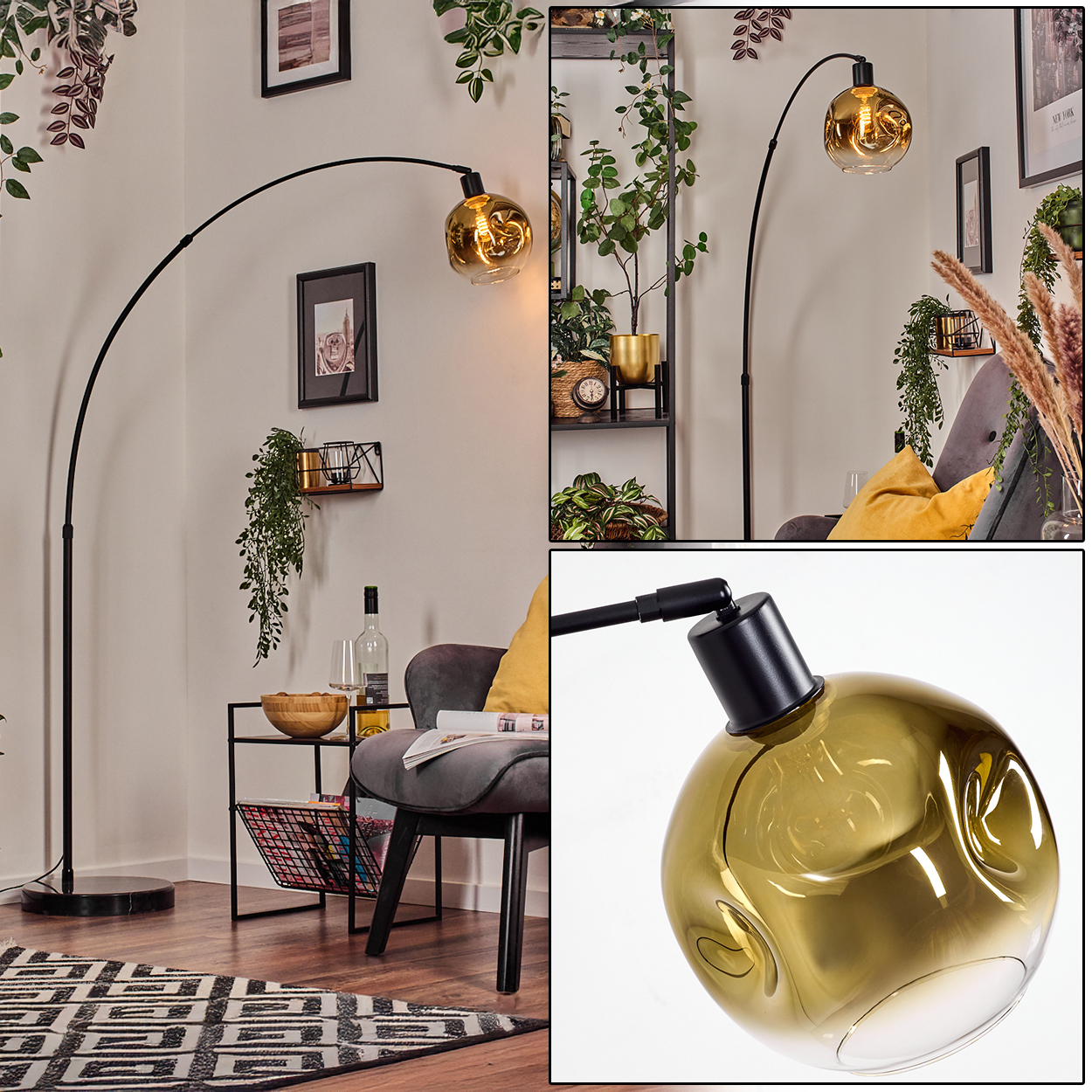 Ein modernes Wohnzimmer mit einer schwarzen Bogenlampe. Ein grauer Stuhl, ein Beistelltisch mit einer Schüssel und ein Teppich sind ebenfalls sichtbar. Grüne Pflanzen.