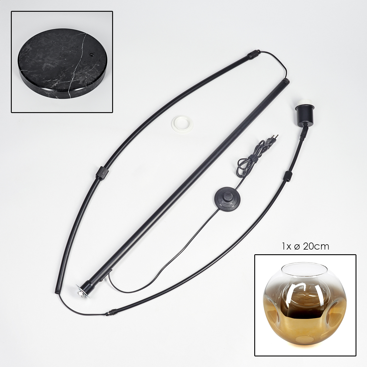Zerlegte schwarze Stehlampenteile auf weißem Hintergrund: Sockel, gebogener Arm, gerader Pfosten, Glühbirnenhalter, Schalter, Glasschirm.
