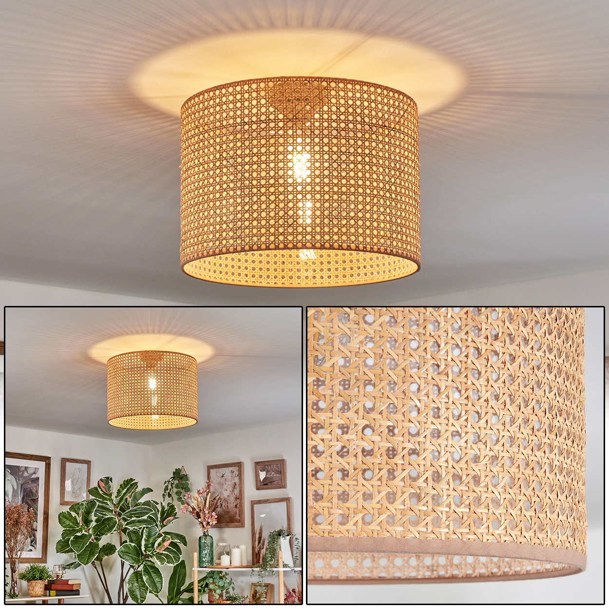 Eine Deckenleuchte aus gewebtem Rattan. Die Lampe ist zylindrisch, und das Licht wirft einen Kreis an die Decke. Darunter sind dekorative Pflanzen zu sehen.