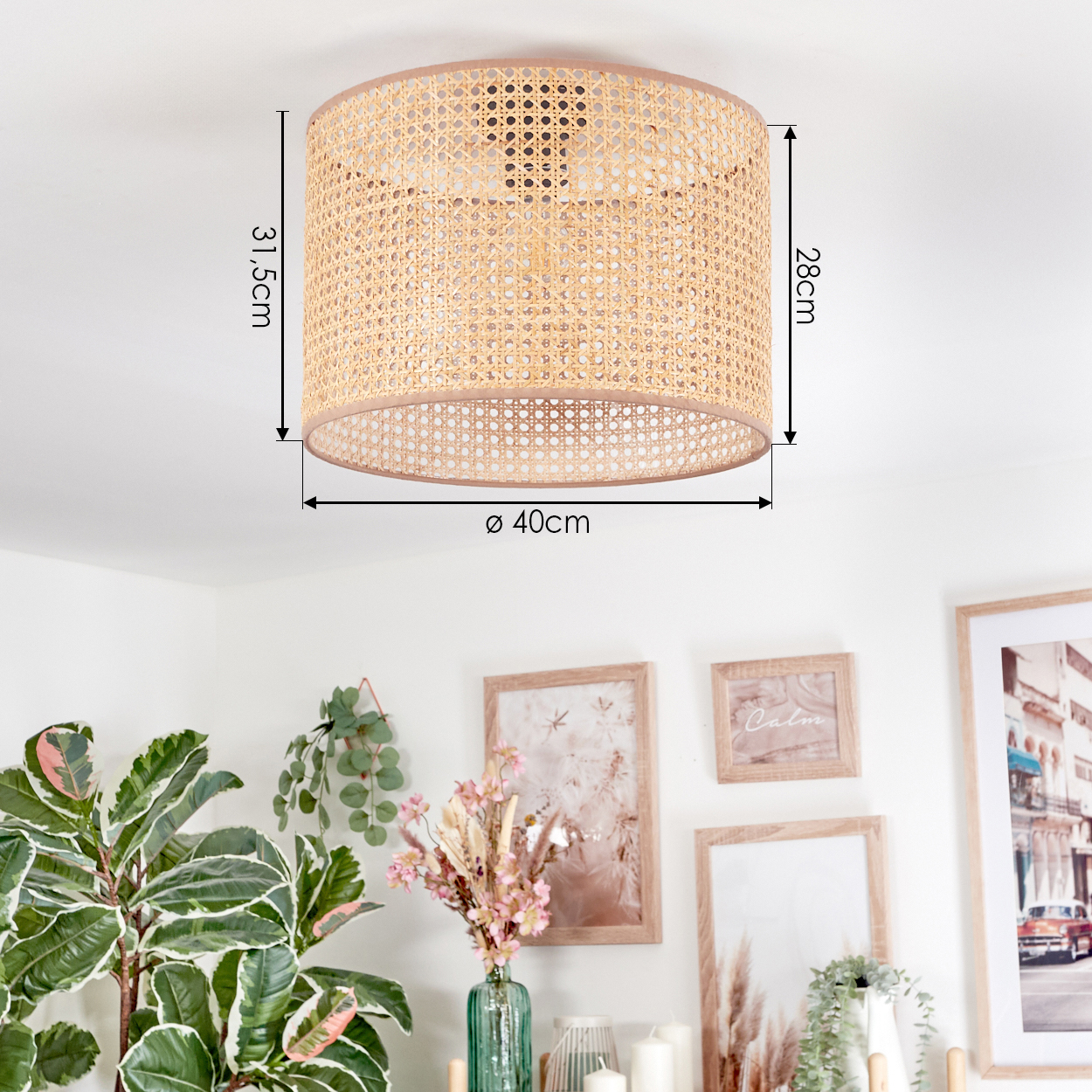 Ein gewebter Rattan-Lampenschirm hängt von der Decke. Maße sind beschriftet. Pflanzen und gerahmte Kunstwerke schmücken die weiße Wand.