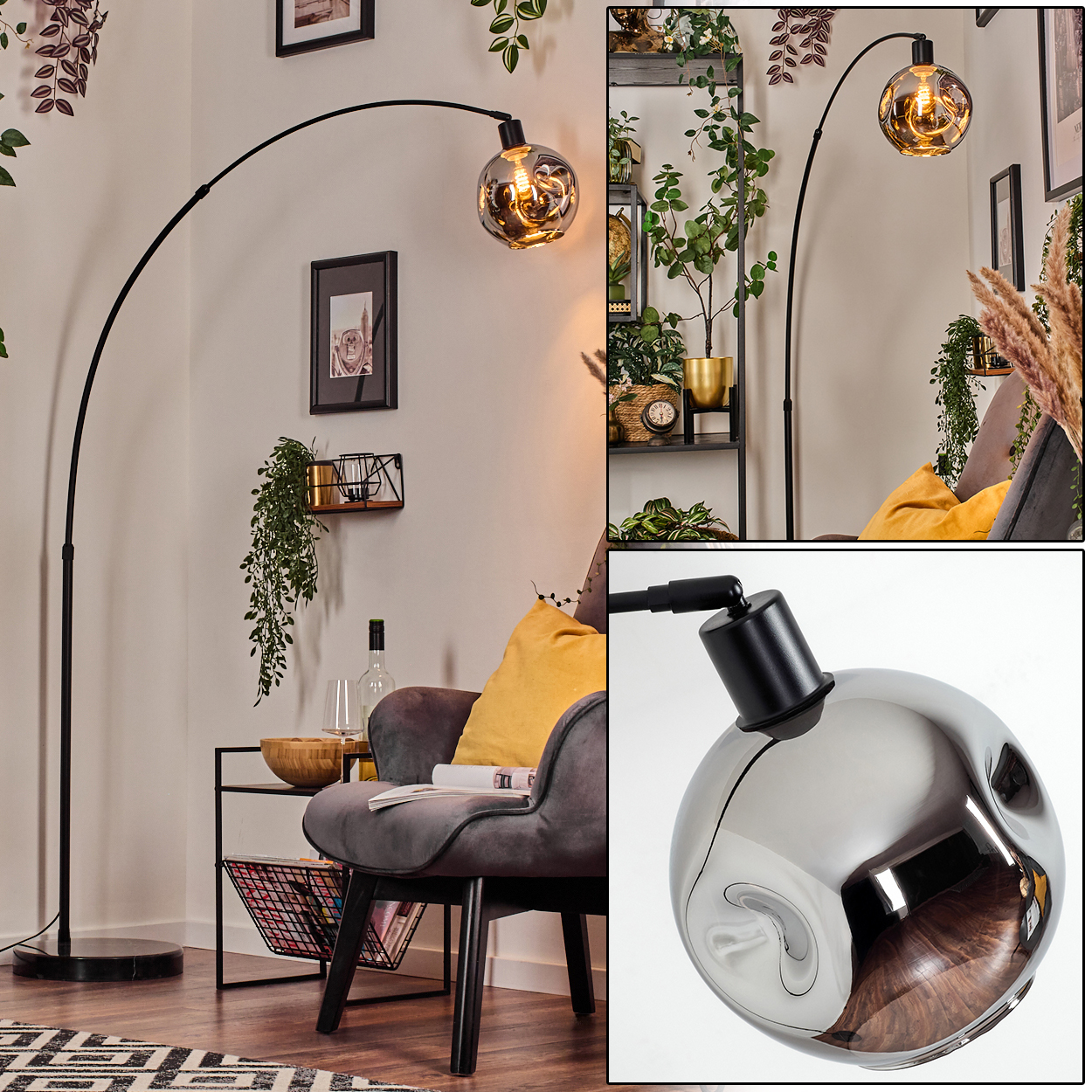 Ein modernes Wohnzimmer mit einer schwarzen Bogenlampe, einem grauen Sessel und Zierpflanzen. Eine Glühbirnenlampe leuchtet.
