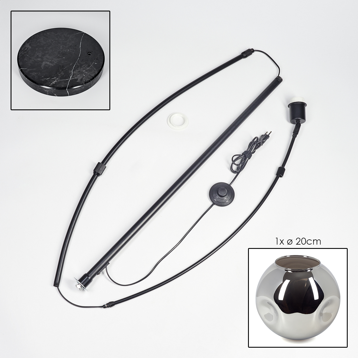 Zerlegte Stehlampenteile: Sockel, Stange, gebogene Arme, Lampenfassung, Schirm (20 cm) und Fußschalter, alles auf Weiß.
