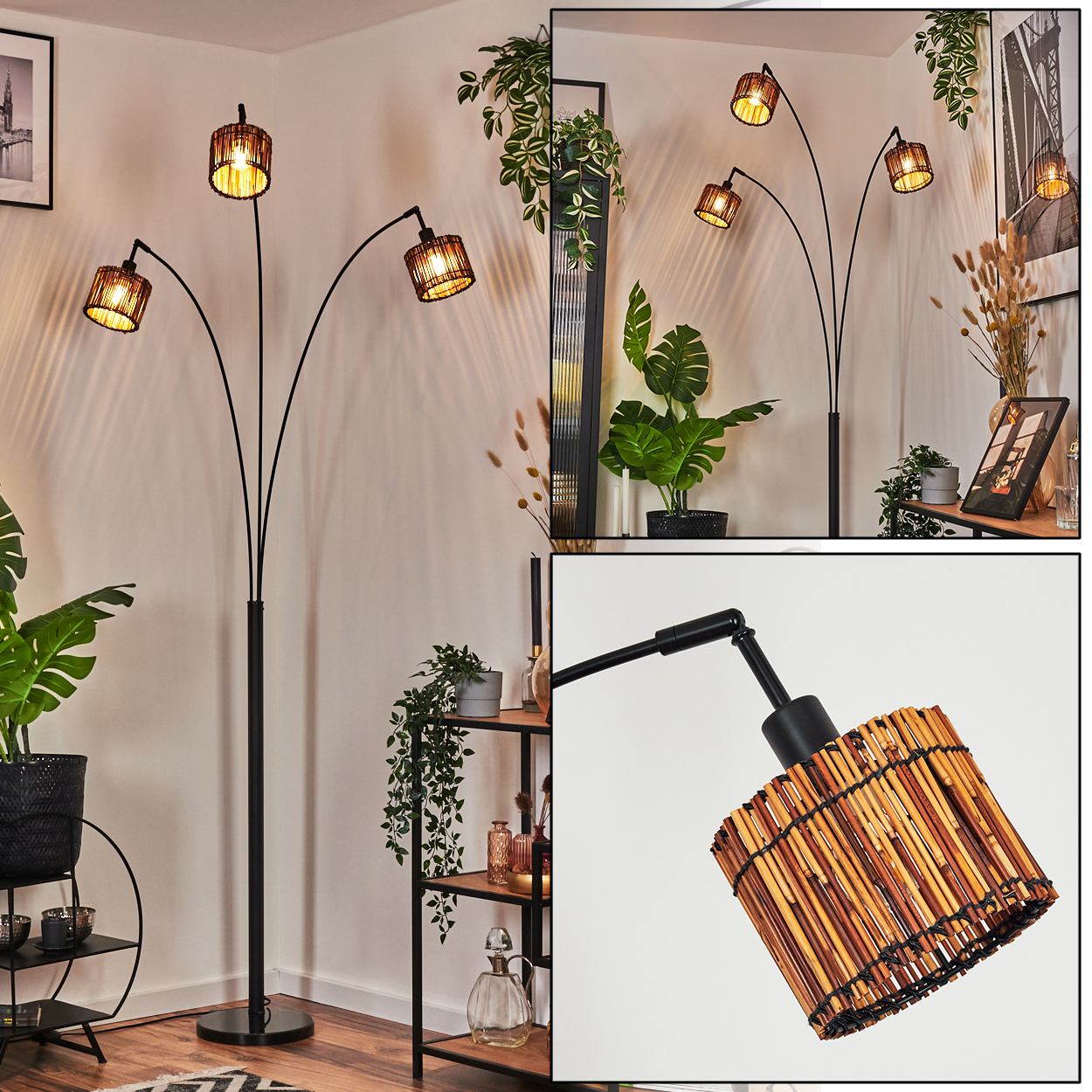 Eine Stehlampe mit drei Lampenschirmen aus bambusähnlichem Material. Umgebende Pflanzen und Dekorationsartikel. Die Lampe ist schwarz.